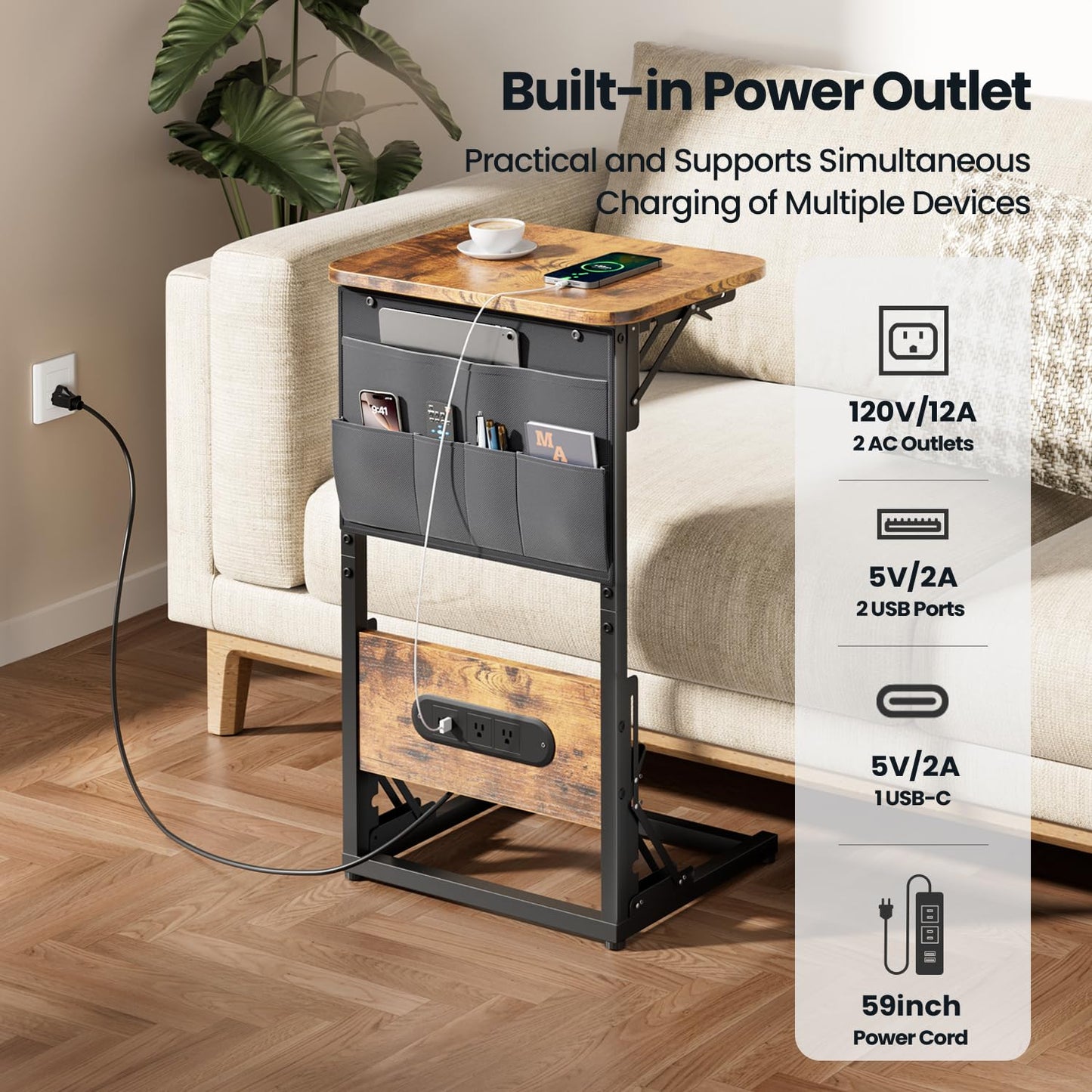 HLDIRECT C Shaped End Table with Charging Station, Couch Side Table with Storage Bag, Foldable TV Tray with 2 USB Ports and Outlets for Living Room, Bedroom, Rustic Brown