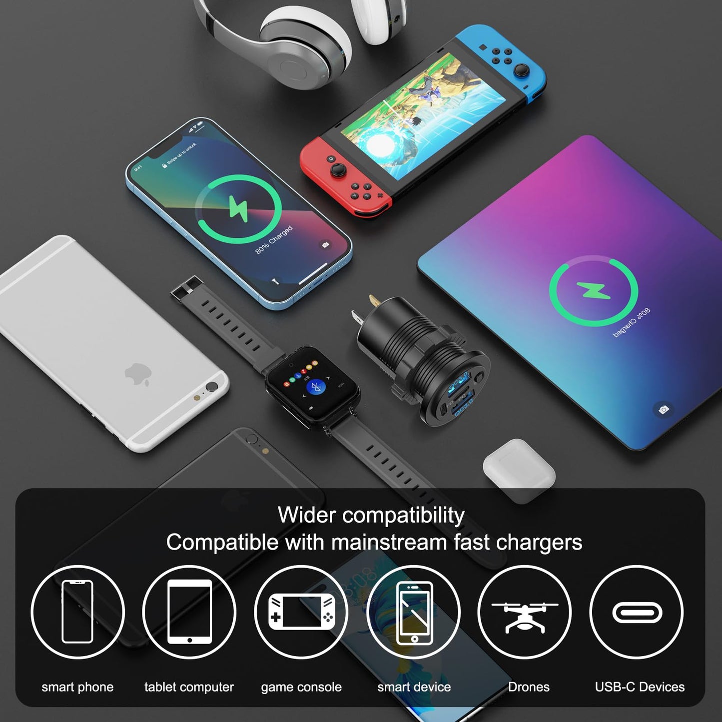 2 Pack 12V USB Outlet 4 Port Car Charger, 78W Super Fast Dual PD3.0 & QC3.0 Multiple USB Port for Car, USB C Cigarette Lighter Replacement 12 Volt Socket Waterproof for Marine Boat Motorcycle RV Golf