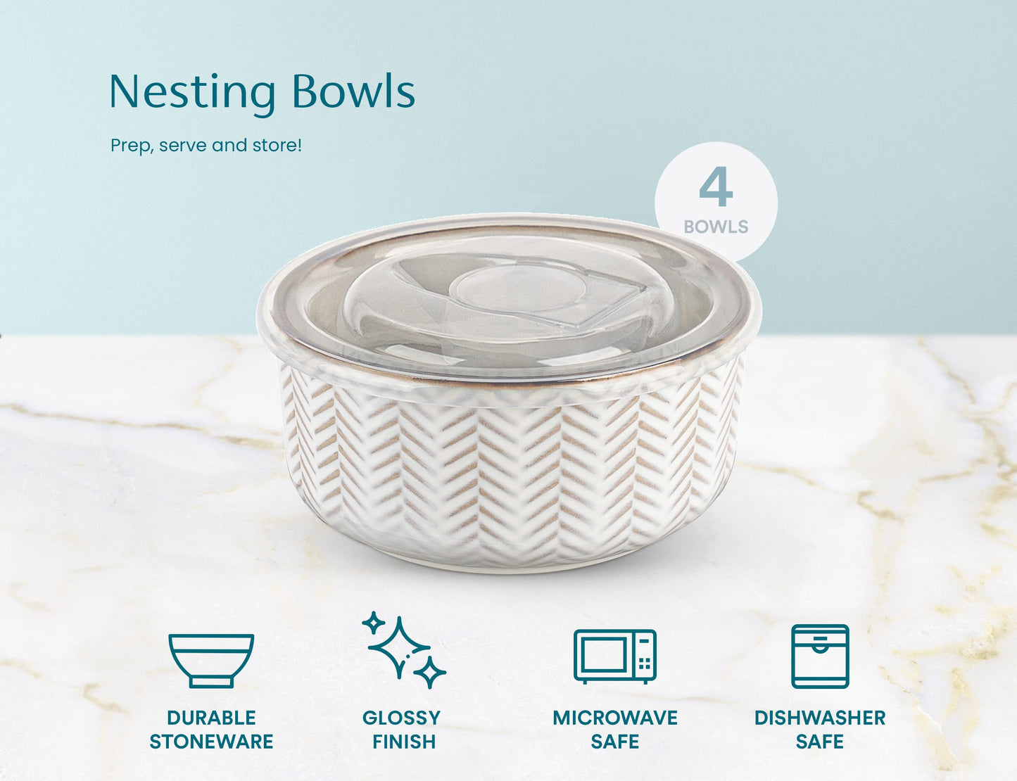 KooK Serving Bowls, with Lids, Ceramic Nesting Bowls, Set of 4, Embossed, Kitchen, Prep, Stackable, Gift, Microwave and Dishwasher Safe, 16/29/47/70 oz, Narbonne Collection (Ivory)