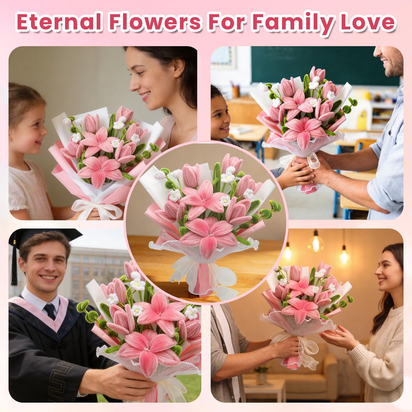 1800 PCS Pipe Cleaners Craft, 6 Colors Pipe Cleaner Bulk Flower Kit, Chenille Stems Bulk with Floral Wires, Gardening Tape, Stamen, Wrapping Paper & Ribbon, DIY Art and Craft Supplies - Pink Gradient