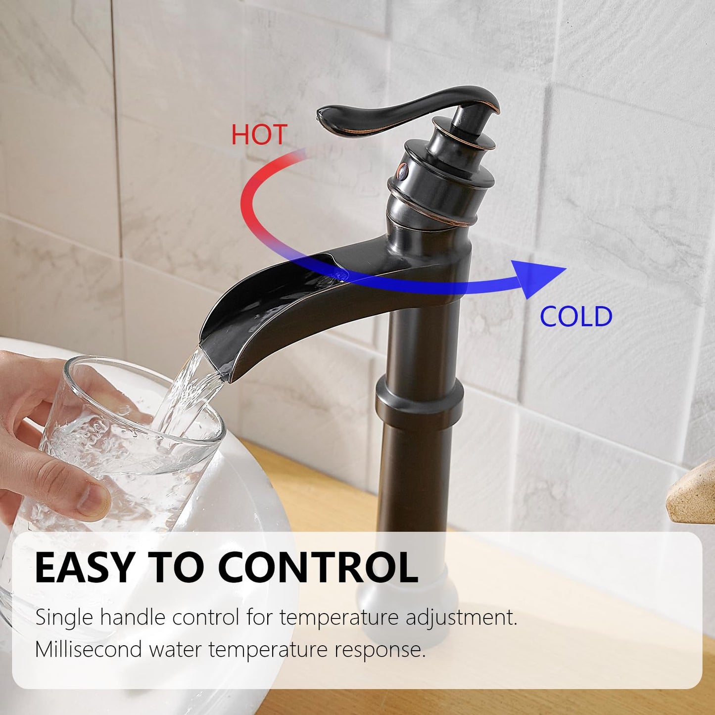 BATHLAVISH Vessel Sink Faucet, Oil Rubbed Bronze Black Bathroom Faucet, Farmhouse Waterfall Sink Faucet Single Hole with Pop Up Drain Assembly Without Overflow One Hole Mixer Tap Deck Mount