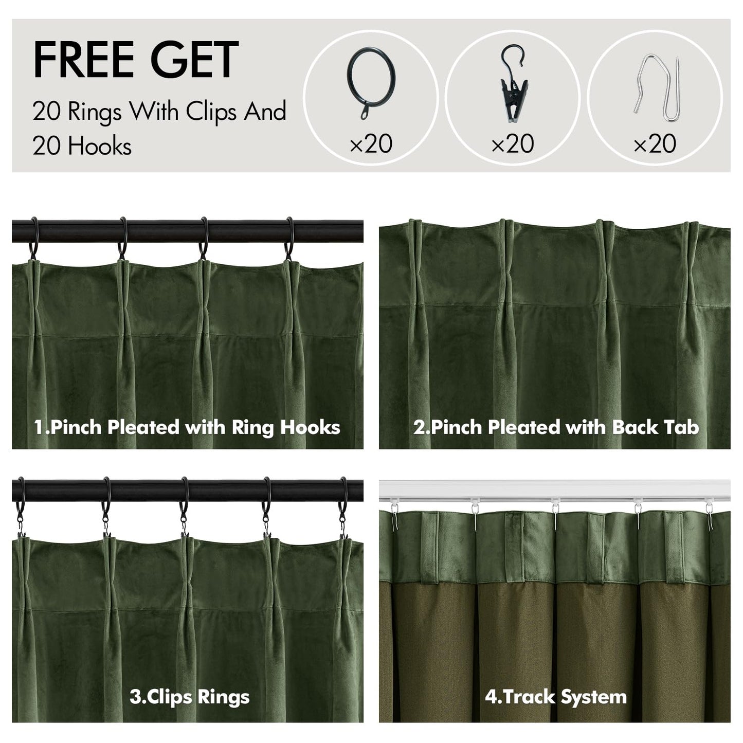 MIULEE Olive Green Velvet Curtains 96 inches Long, Pinch Pleated Blackout Drapes with Hooks, Thermal Insulated Pinch Pleat Panels for Bedroom Living Room, 2 Panels