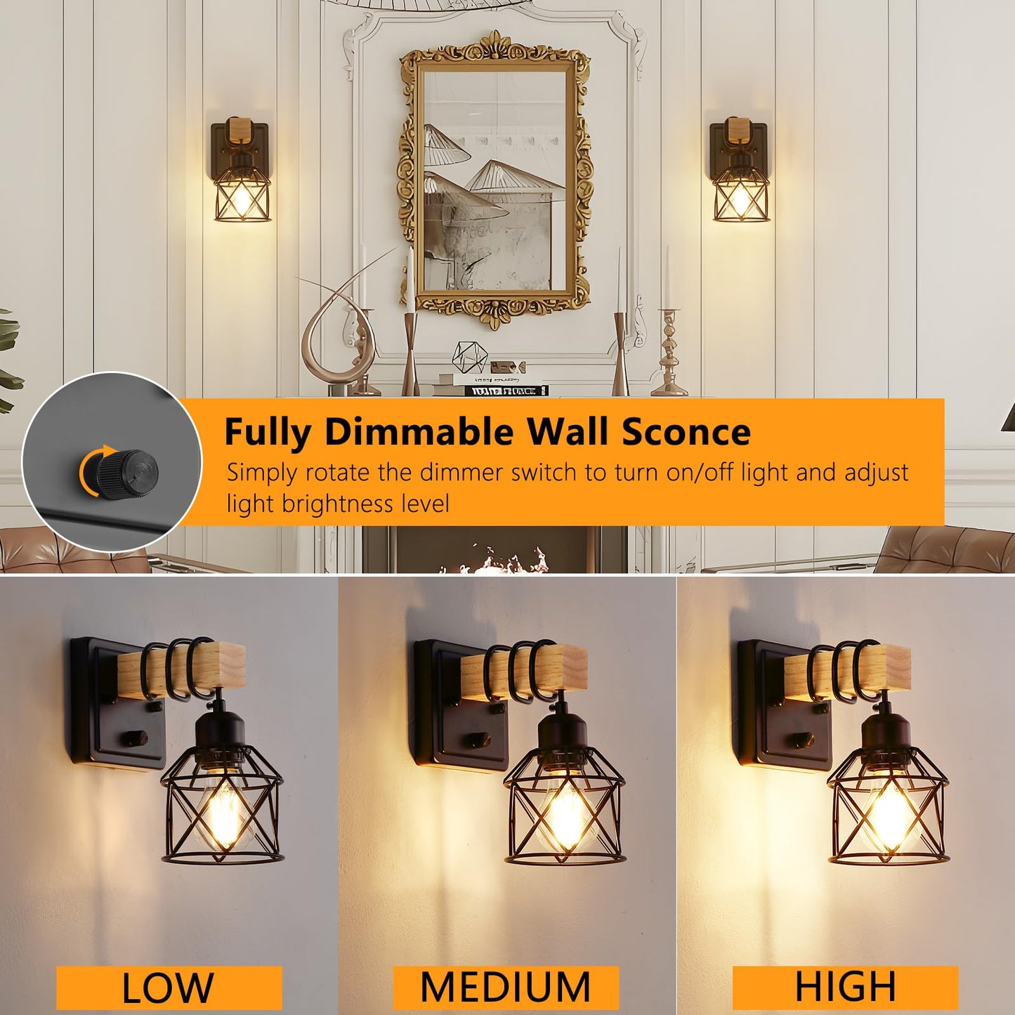 FadimiKoo Dimmable Wall Sconces Set of Two, Bedside Wall Mounted Lamp with Rotary Switch, Wooden Black Bathroom Light Fixtures with Metal Cage, Hardwired Farmhouse Wall Lights for Bedroom, Living Room