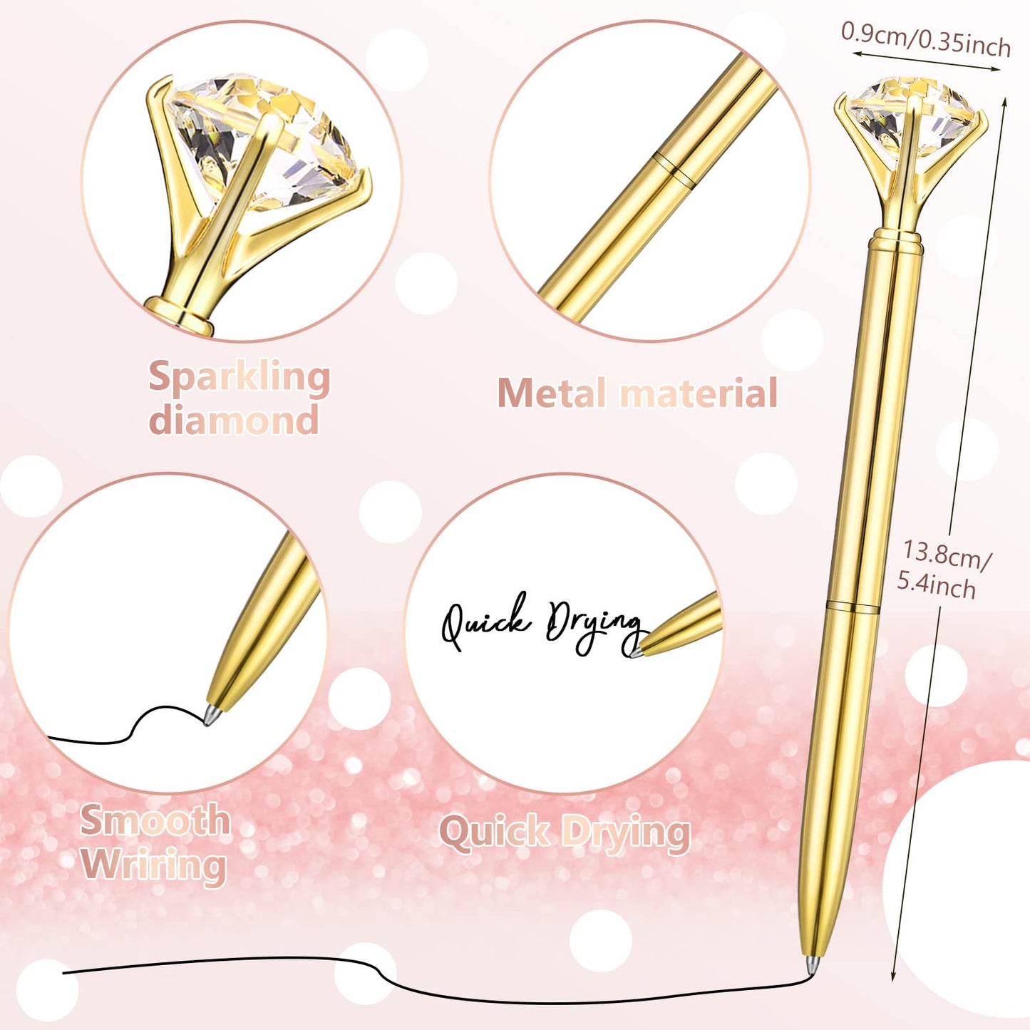 Leinuosen 50 Pcs Bulk Diamond Pens with Crystal Bridal Shower Gifts Metal Bling Ballpoint Pens with Black Ink for Bridal Shower Wedding Party Office School (Gold)