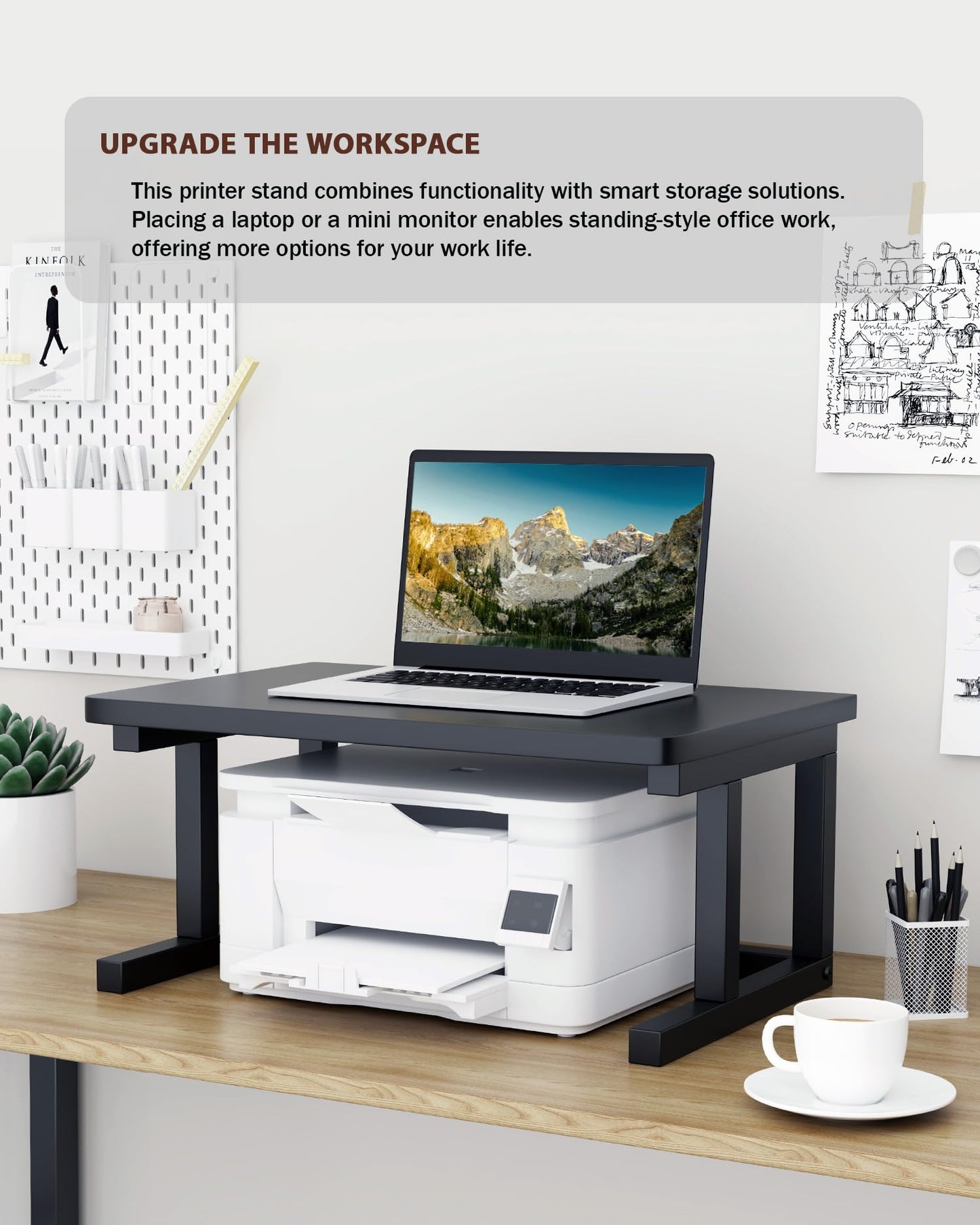 WRITECRY Desktop Printer Stand, 19.7″x 15.7″ 2-Tier Large Printer Shelf fit 3D Laser Printer/Scanner/Fax Machine, Industrial Storage Rack for Home Office Storage, Black P5040-B