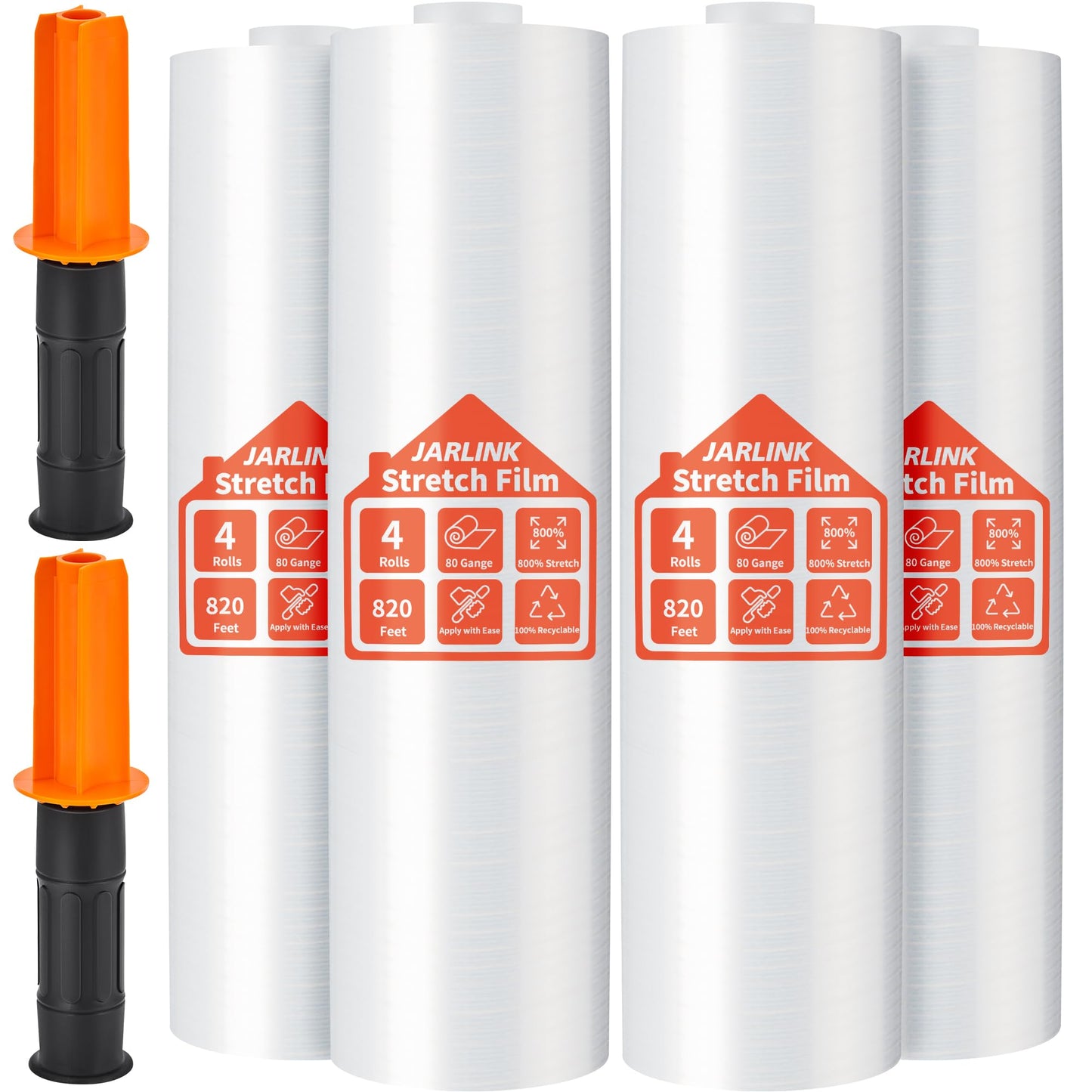 JARLINK Stretch Film, 80 Gauge,15 Inch x 820 Feet Shrink Wrap for Pallet Wrap, Industrial Strength Stretch Wrap up to 800% Stretch with Handles, Moving Wrapping Plastic Roll, 4 Pack