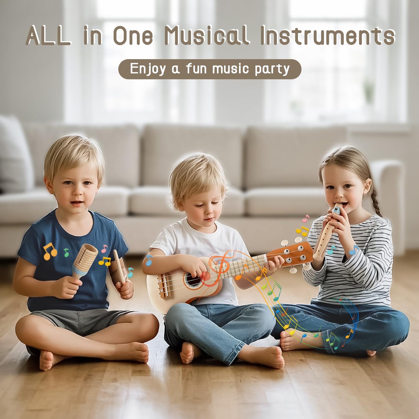 Kids Guitar Set - Toys for 2 3 Year Old Boy & Girls Birthday Gifts, 7 in 1 Montessori Musical Instruments for Toddlers 2-4, Musical Band Sets with Ukulele/Flute/Tambourine/Maracas Toys for Kids 3-5