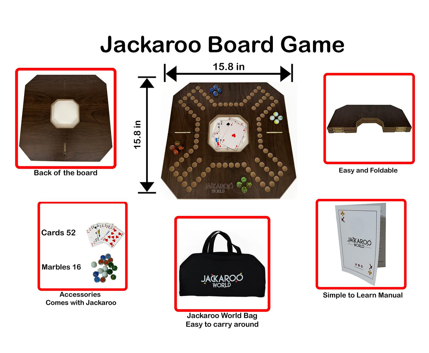 Jackaroo Board Game - 2-4 Player Cards and Marbles Board Game - Marble Chase Game - Carbles Game with Cards - Jokers and Marbles Game - Wahoo Wooden Board Foldable and Open in The Middle (Walnut)