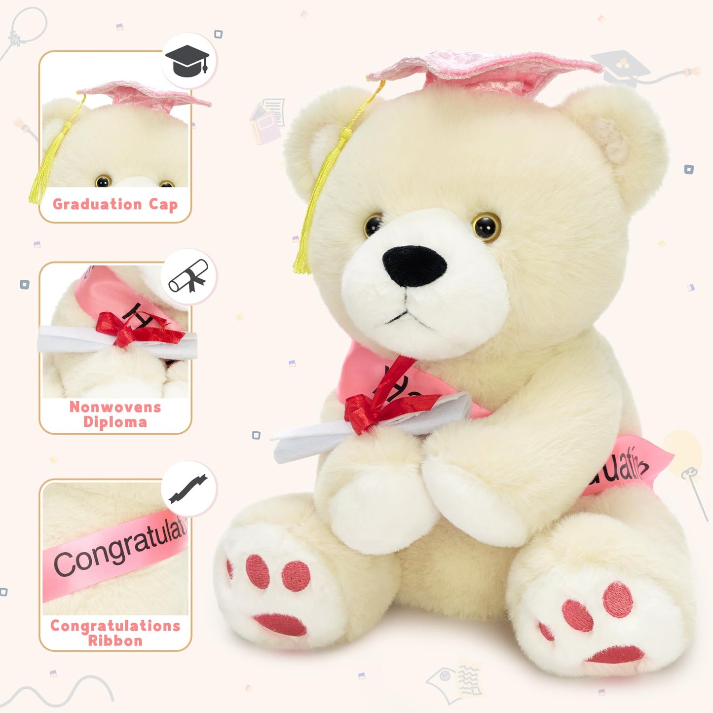 MorisMos Graduation Teddy Bear Stuffed Animal 2026, 12inch Graduation Bear Plush with Cap, Diploma and Congrats Sash, Graduation Gift for Graduates Kindergarten Middle School College, Beige, Pink