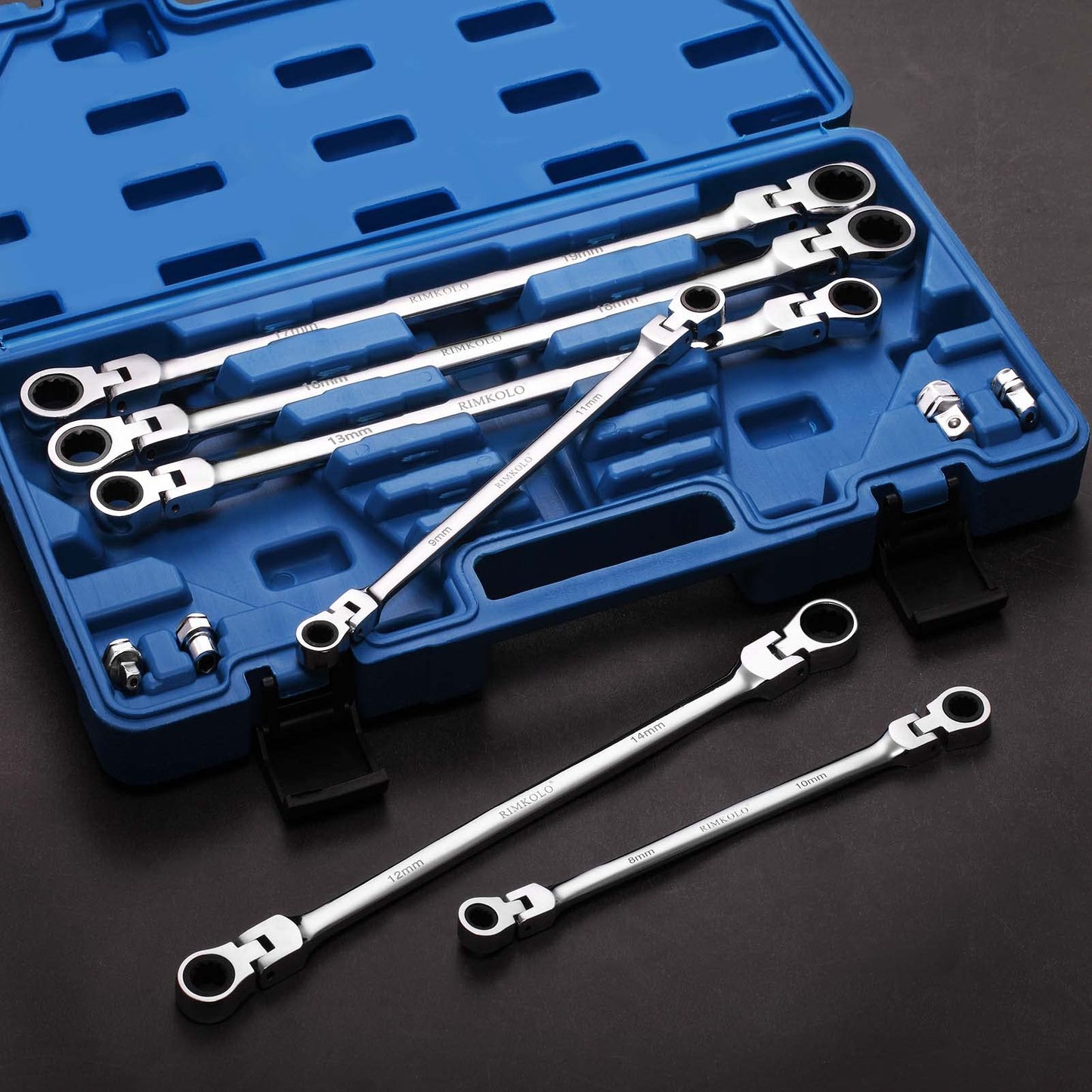 RIMKOLO 6-Piece Extra Long Flex-Head Ratcheting Wrench Set, 72-Tooth Double Box End Wrench Set, CR-V Steel ratcheting wrenches with Metric 8mm - 19mm