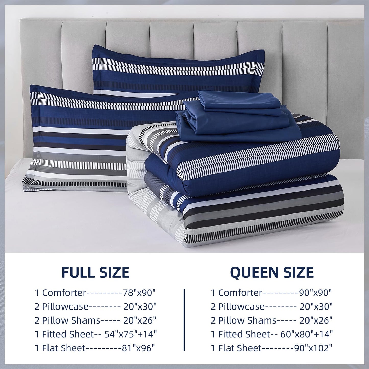 Dobuyly Navy Blue Queen Comforter Set 7 Pieces, Boho Striped Bed in a Bag Queen Size Soft Microfiber All Season Bedding Set with Comforter, Sheets, Pillowcases & Shams