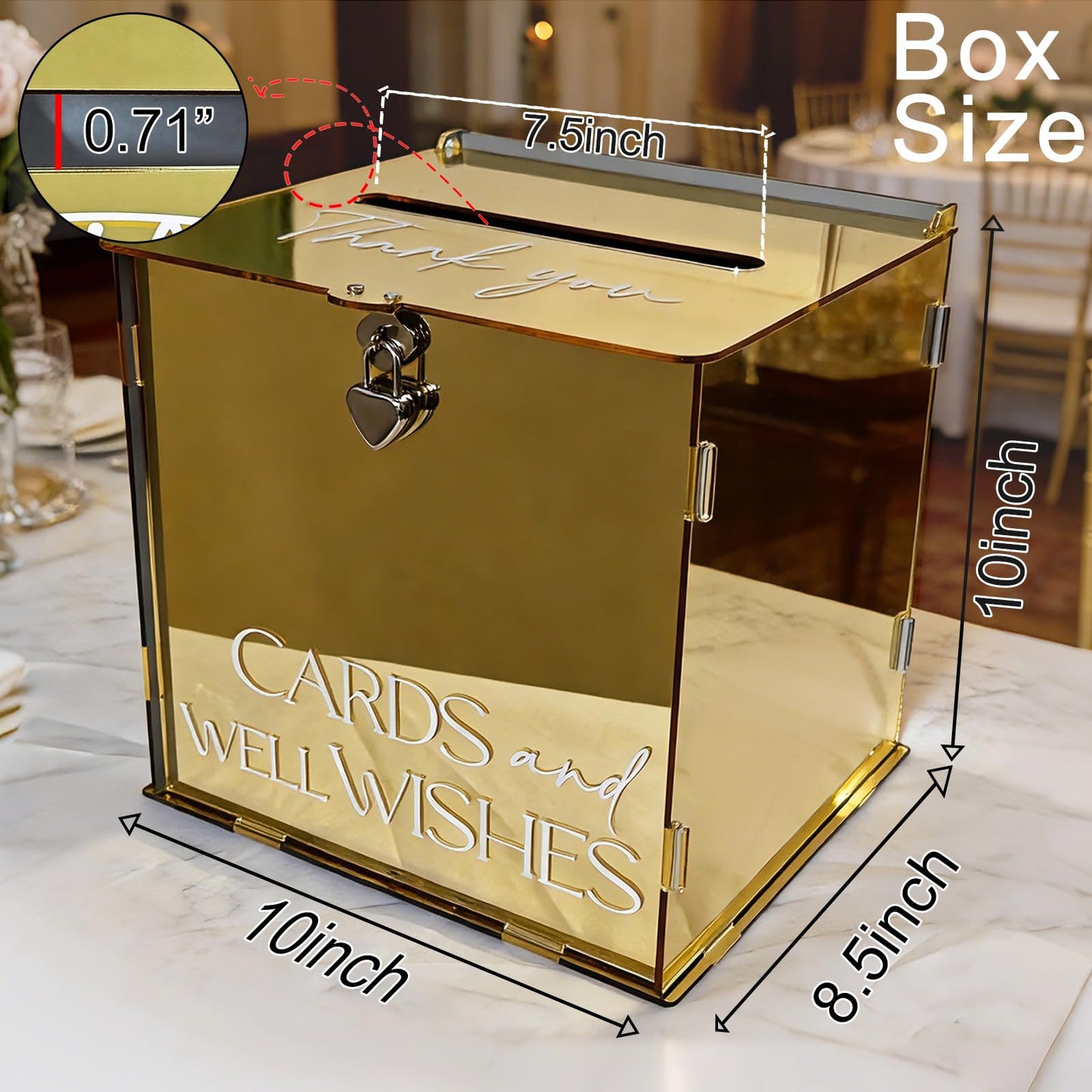 SOFARKKT Acrylic Gold Card Box with Lock & Slot, Metallic Golden Classy Wedding Card Boxes for Reception, Luxury Money Gift Cards Box for Party Engagement Bridal Shower Luxury Wedding Table Decor