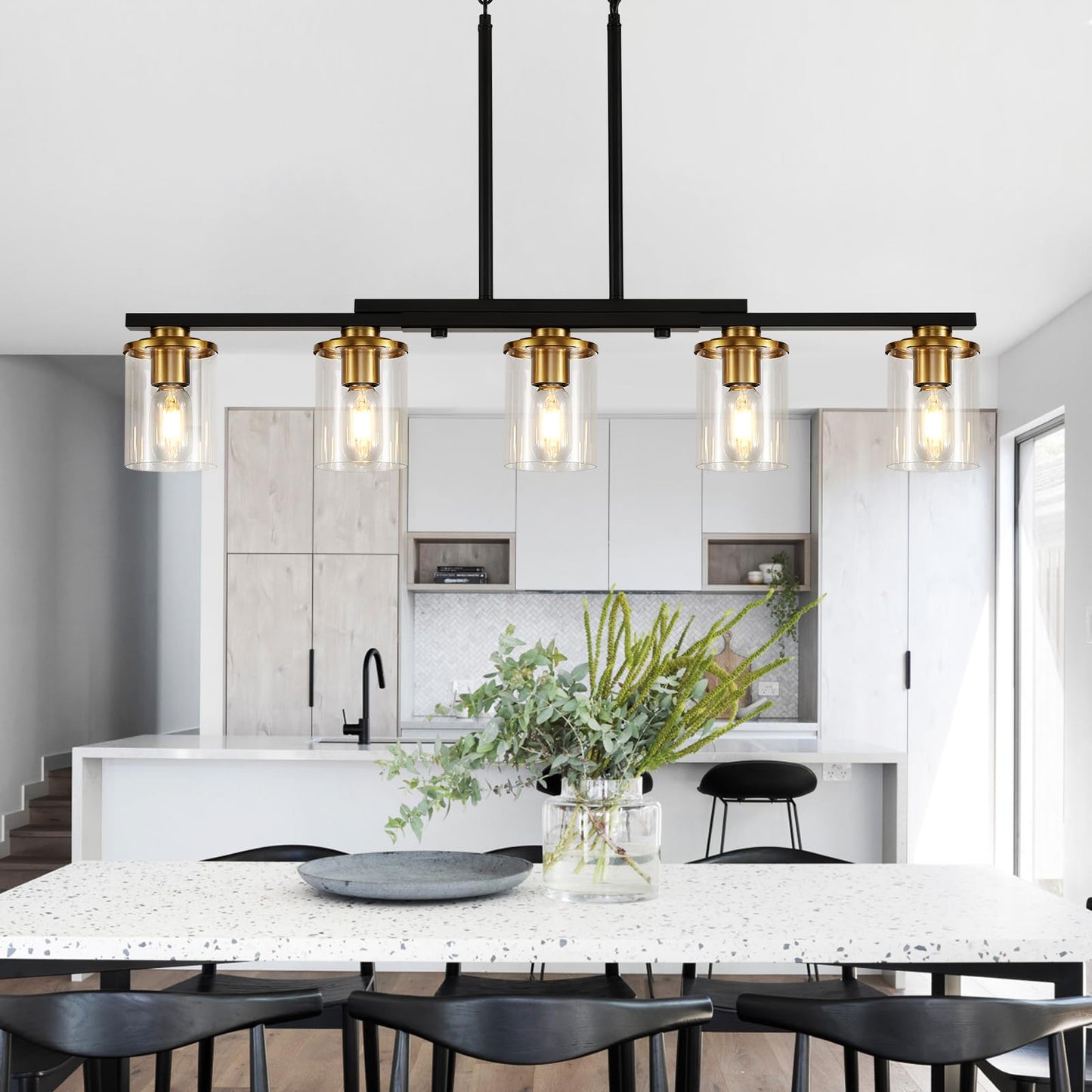 XvmBvm 36.2inch 5-Light Kitchen Island Lighting,Dining Room Lights Modern Farmhouse Chandelier with Clear Glass Shade,Modern Rustic Black and Gold Metal Chandelier, Kitchen Pendant Light Fixtures