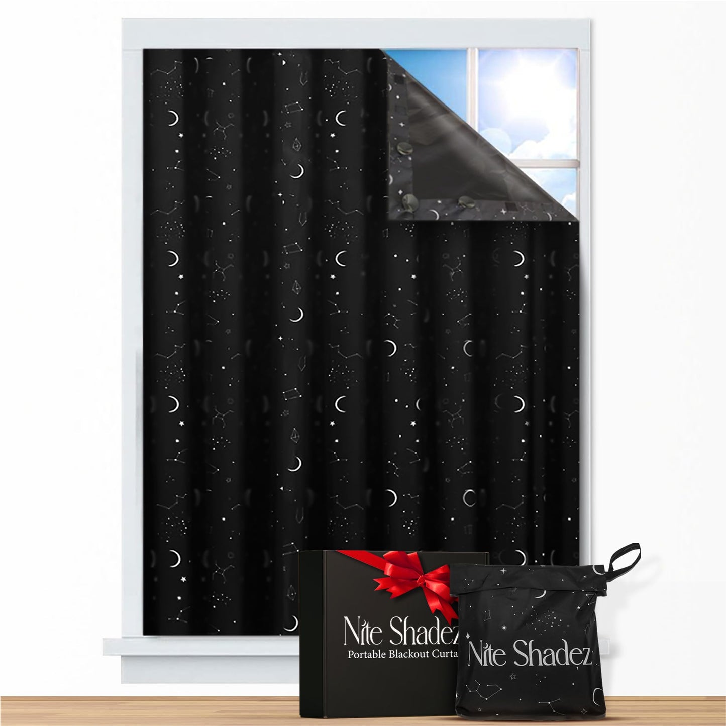 Portable Blackout Curtains (60" x 80") - Travel Blackout Curtains for Baby Nursery w/Stars - Portable Blackout Shades w/UV & Thermal Protection - 20 Stick on Suctions & Velcro Blackout Window Cover
