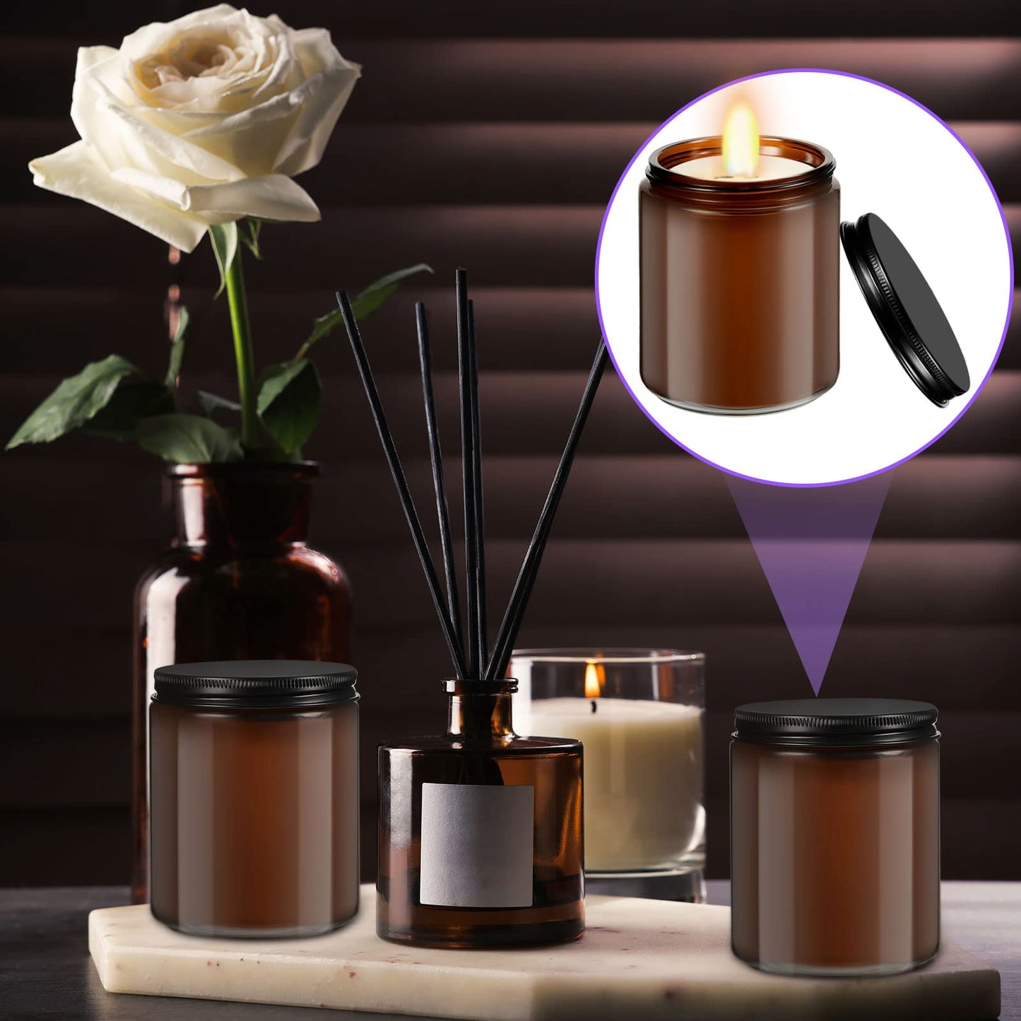 Lallisa 32 Pcs 8 oz Amber Glass Jars with Black Metal Lids Round Small Cosmetic Jars Round Glass Containers for Apothecary Body Butter Herbs Spice and Food Storage