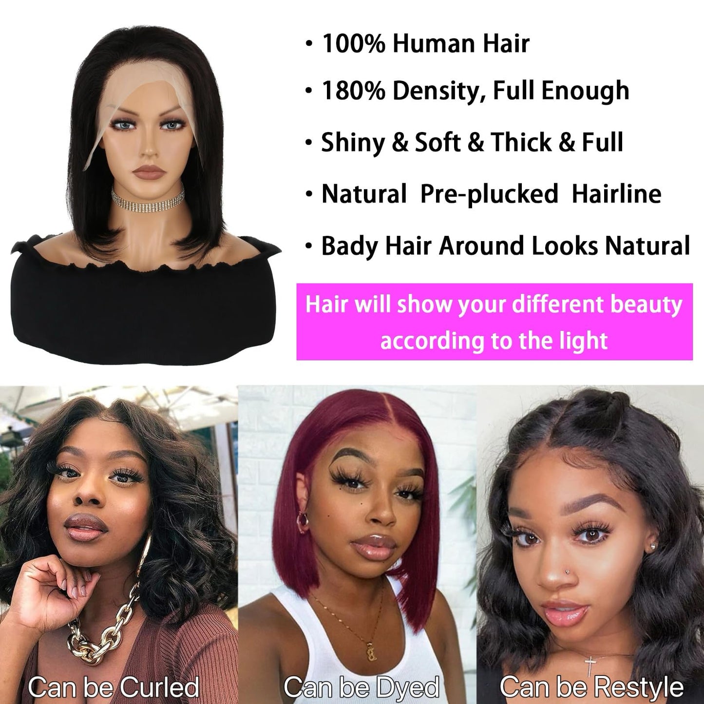 VYCRAVE 14 Inch Bob Wig Human Hair 13x4 HD Transparent Lace Front Wigs Human Hair Pre Plucked with Baby Hair Glueless Wigs Human Hair 180% Density Straight Frontal Lace Wigs for Women Natural Color