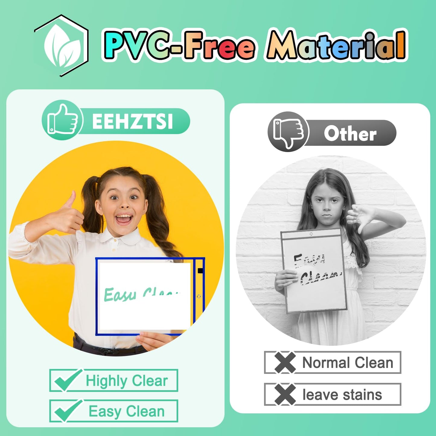 EEHZTSI 50 Packs Dry Erase Pocket Sleeves, Reusable Clear Plastic Classroom Sleeves, 10x14 Inch Ticket Holders, for School/Office Organization, Assorted