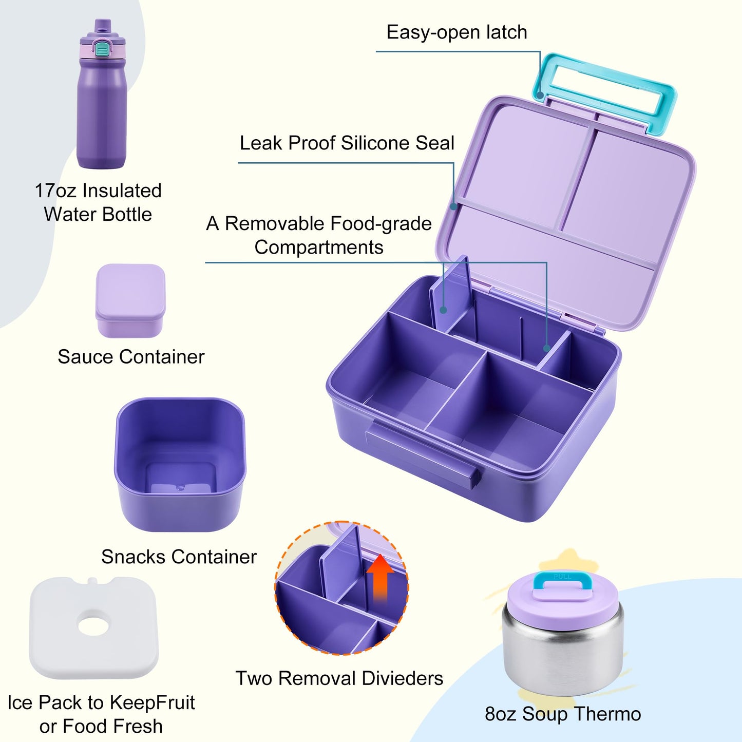 MAISON HUIS Bento Box for Kids with 8oz Soup Thermo, Leak-proof Lunch Food Containers with 5 Compartment, Insulated Lunch Bag & 17oz Stainless Steel Water Bottle for School, Trvael