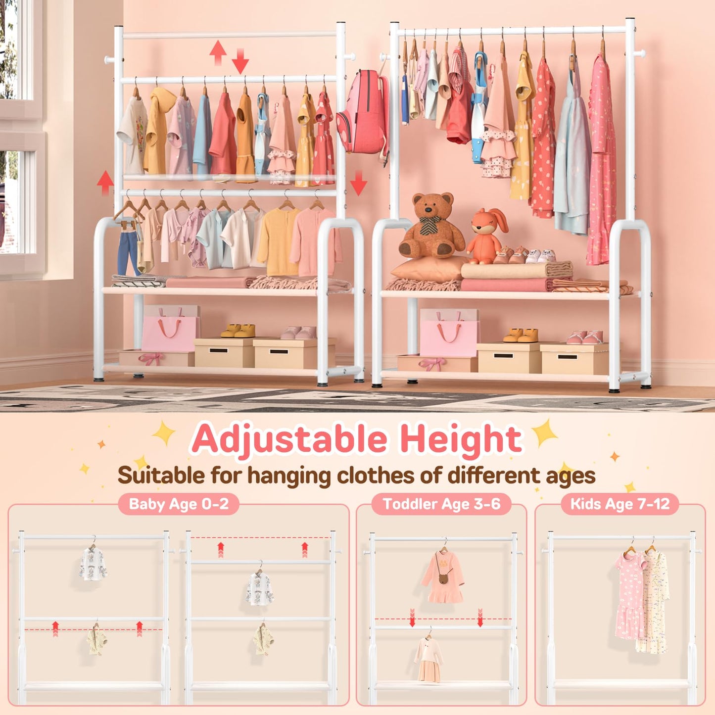 ZHKINGGS Kids Clothing Rack with 2-Layer Storage Shelf and 2 Adjustable Hanging Rods, Dress Up Rack for Hanging Clothes,Dress up Storage for Baby Toddle Kids(Classic, White)