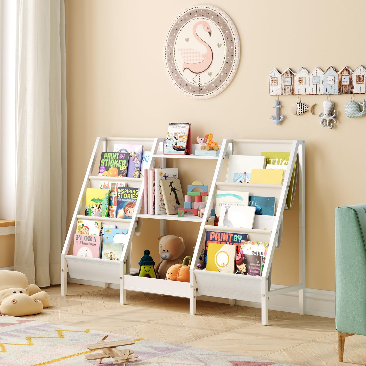 MAHANCRIS Kids Bookshelf and Toy Organizer, 3-Tier Bookshelf for Kids, Sturdy Kid Bookcase with Storage, Toddler Book Shelf for Kids Room, Playroom, Bedroom, Nursery, White BKWT34201