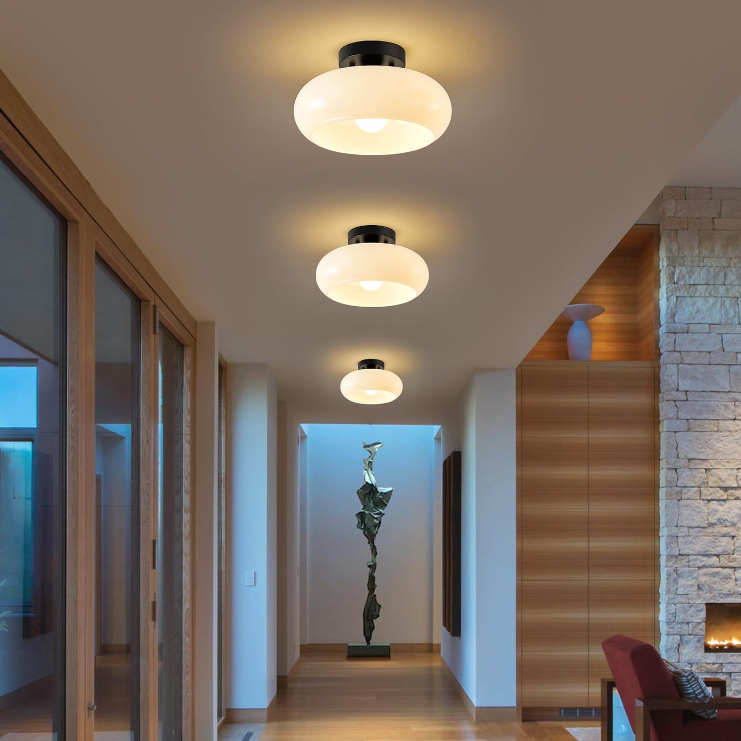 WOKNOS Mid-Century Modern Semi Flush Mount Ceiling Light, Metal Kitchen Light Fixture with Glass Shade,Vintage White and Black Colse to Ceiling Lamp for Entryway Hallway Bathroom (11.0 Inch)