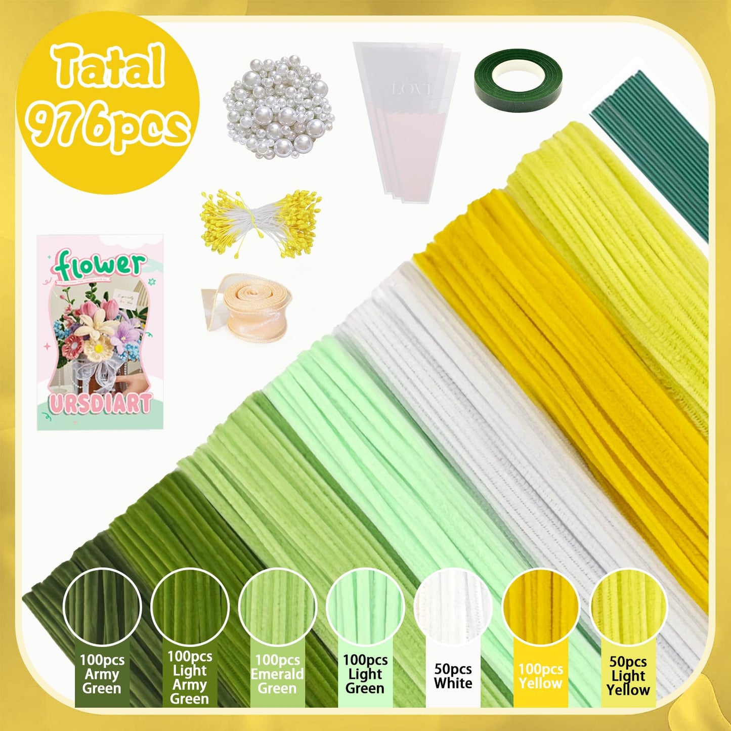 URSDIART 976PCS Pipe Cleaners,Pipe Cleaner Bulk Flowers Kit,7 Colors Chenille Stems for Flower Bouquet Making with Craft Wire,Stamen,Tape,Ribbon & More for DIY Projects & Arts (Green Colour)