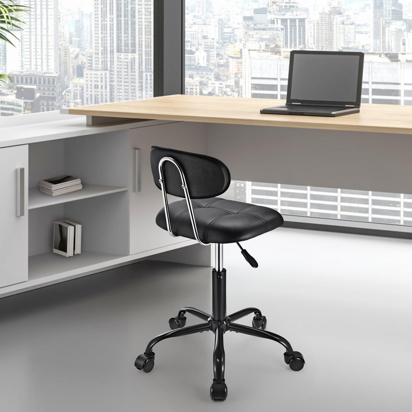 FNZIR Square Rolling Stool with Backrest Height Adjustable Chair Swivel Drafting Chair Stool Chair with Wheels Stable Base Foot Black