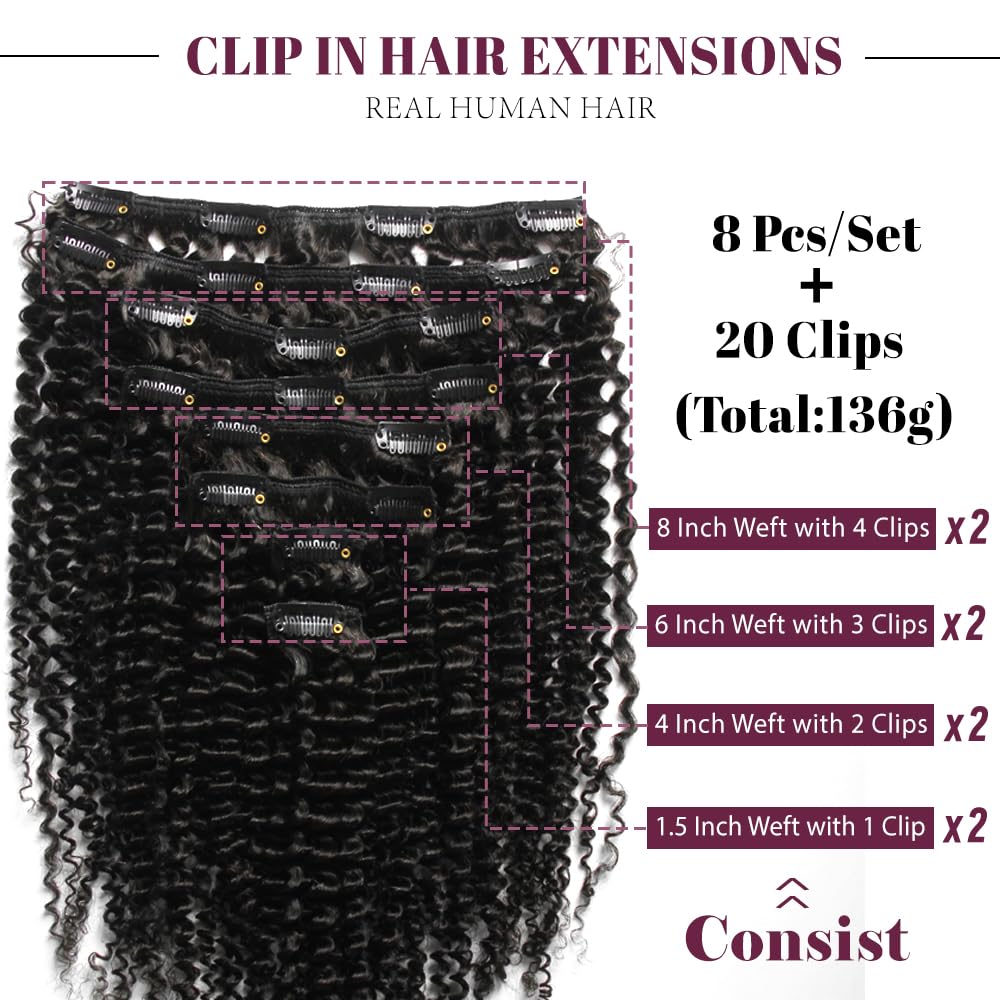 KRN Clip in Hair Extensions Real Human Hair, 136g 8pcs Natural Black Hair Extensions Clip ins for Black Women Full And Thick Kinky Curly Clip in Human Hair Extensions 20 Clips Easy to Wear 16 Inch
