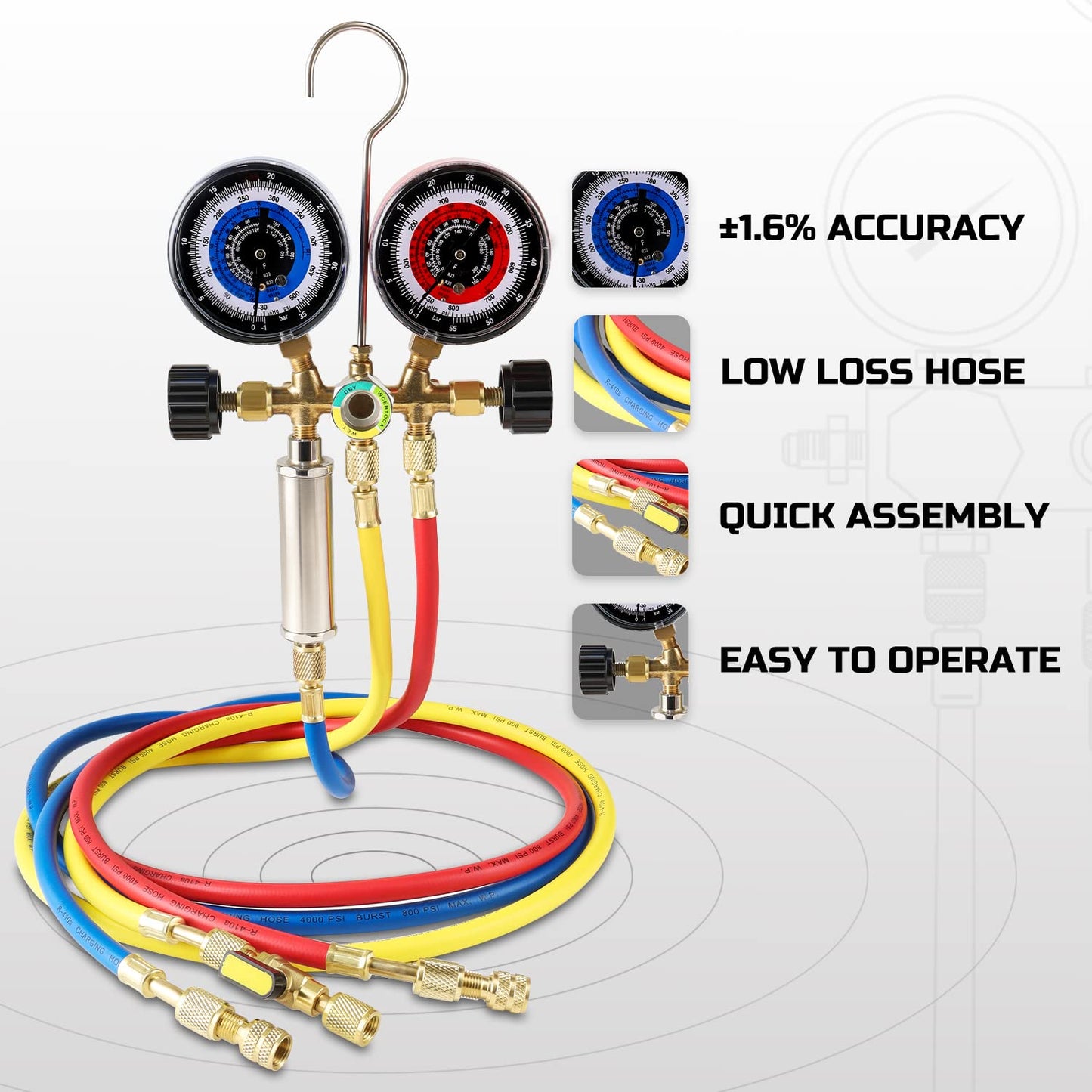 Lichamp HVAC R410a Gauges with Liquid Vaporizer, Vapor Charging Manifold Gauge Set for 410A R404a R22 R32, R41013