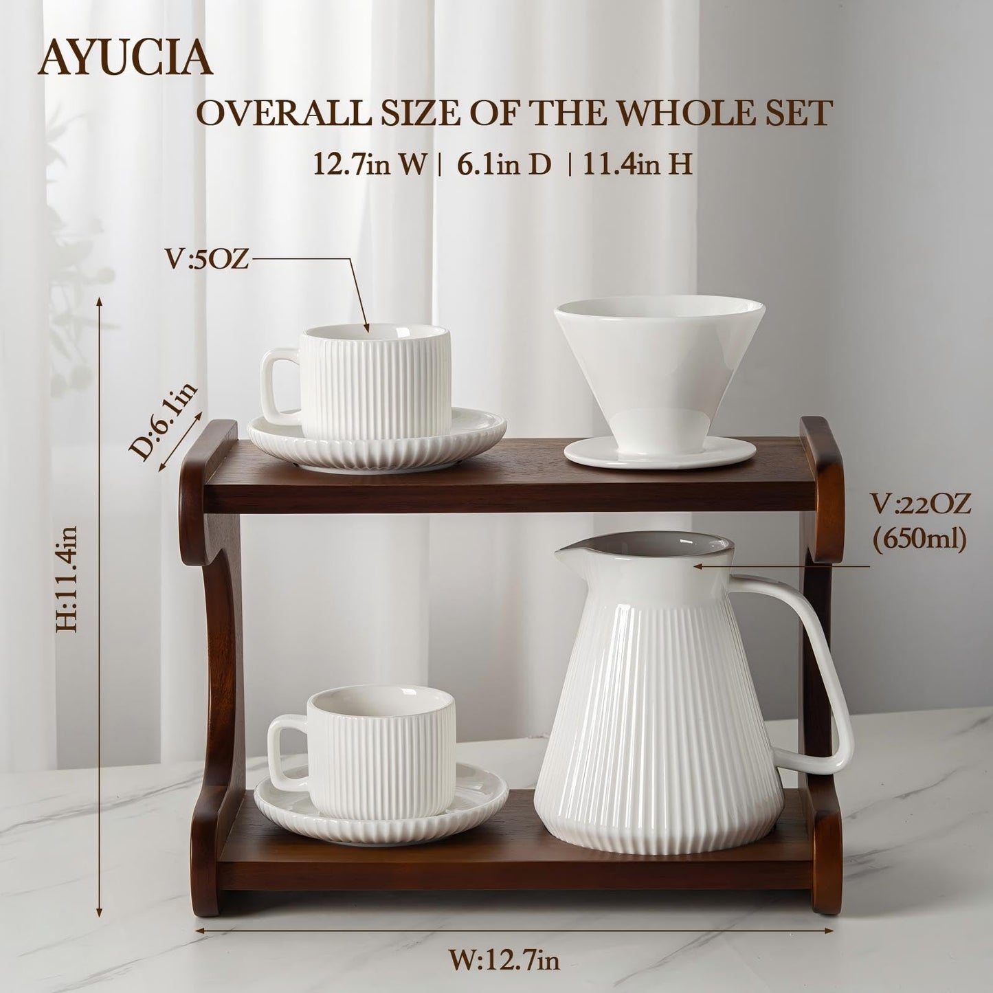 AYUCIA Pour Over Coffee Maker Set, 22OZ Ceramic Pour Over Coffee Dripper with Acacia Wood Stand and 5OZ Cups and Saucers Set of 2, Size 02