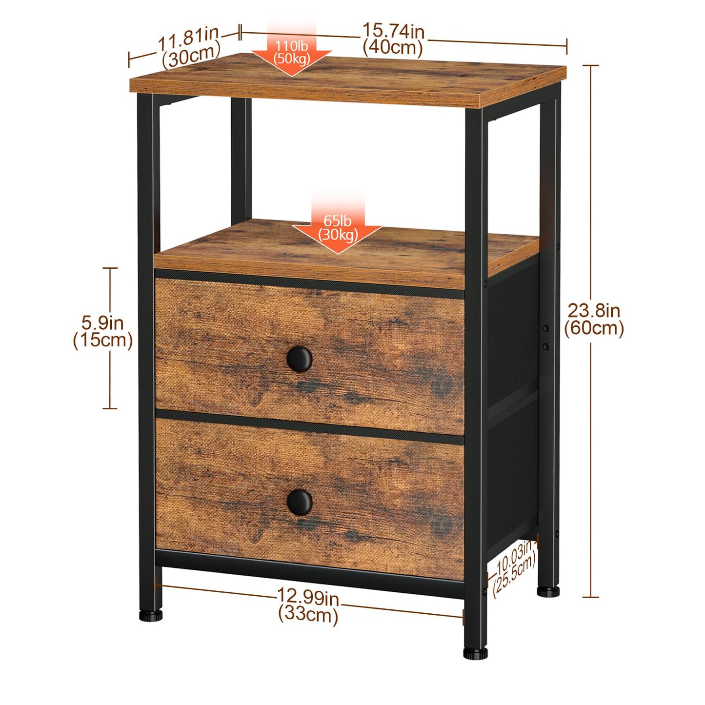 LOAKEKEL Nightstands Set of 2, Night Stand with 2 Fabric Drawers, Bed Side Table with Open Storage Shelf for Bedroom, Small End Tables Living Room, Rustic Brown, HETS002BR