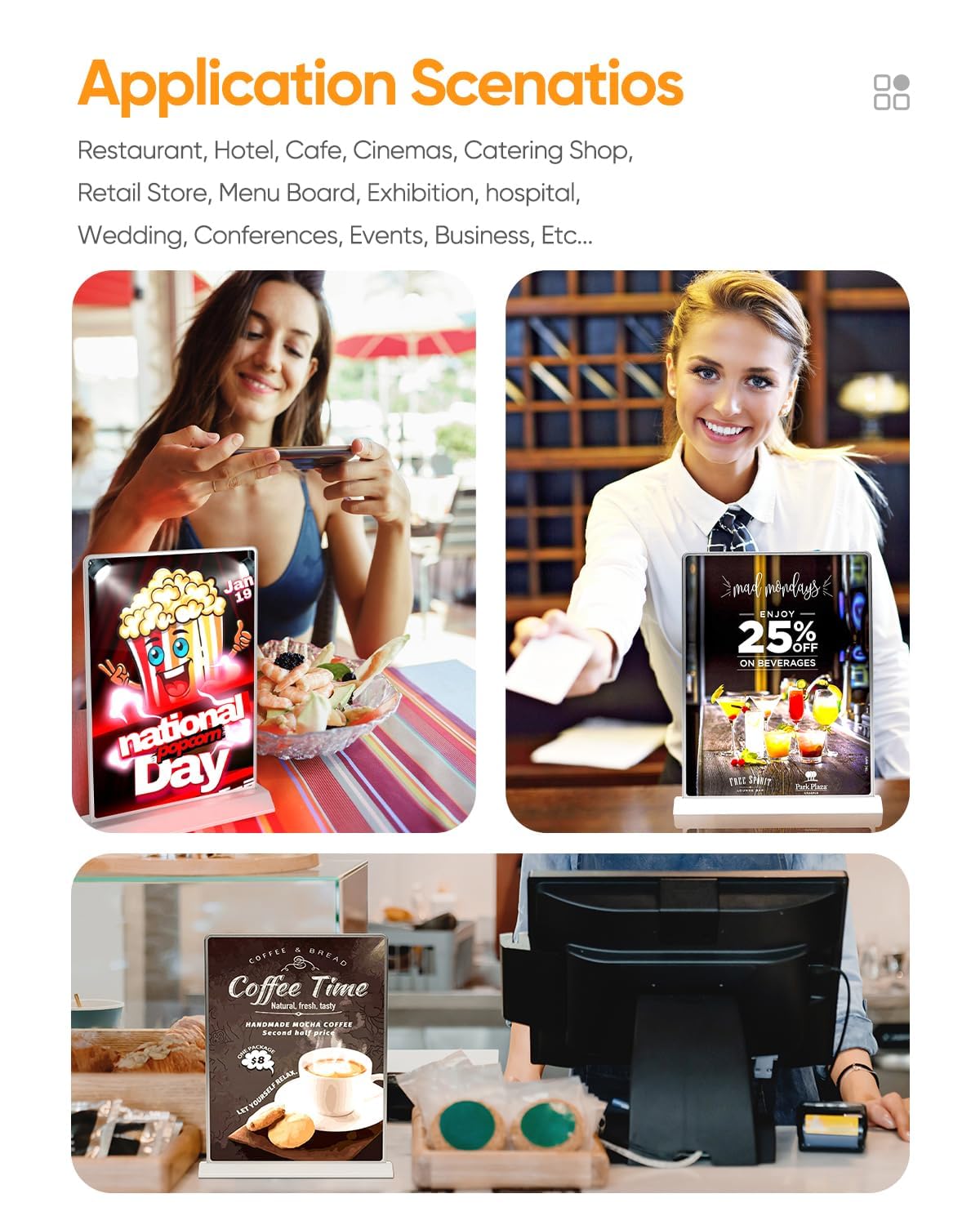 A4 Size Tabletop LED Sign Holder, Brightness Adjustable Desktop Advertising Light Box, Charged via USB, Durable Light up Menu Holder for Restaurants, Bars, Hotels, Stores, Offices, Wedding