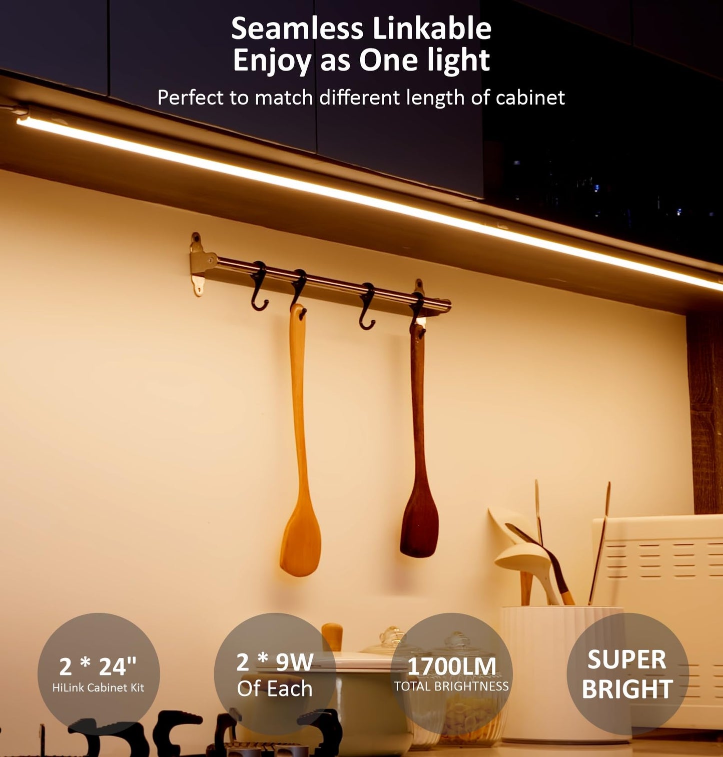 Leetdud Under Cabinet Lighting Plug in, 24 Inch 2 Pcs, Linkable AC120V 3CCT 3000K/4000K/5000K Ultra Slim, LED Under Cabinet Lights for Counter Light, Kitchen, Shelf, Sink, Workshop, Desk, White