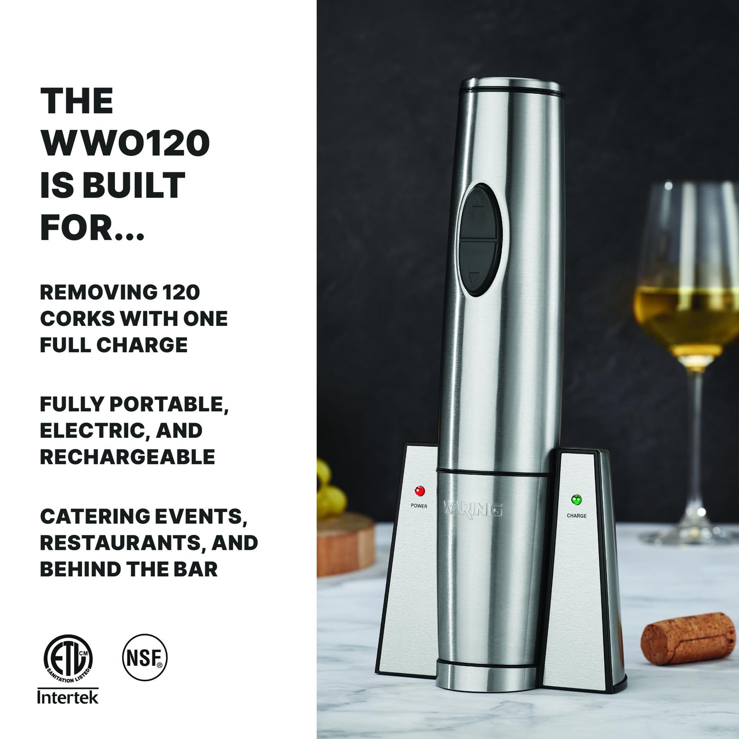 Waring Commercial WWO120 Portable Electric Wine Bottle Opener with Recharging Station,Silver