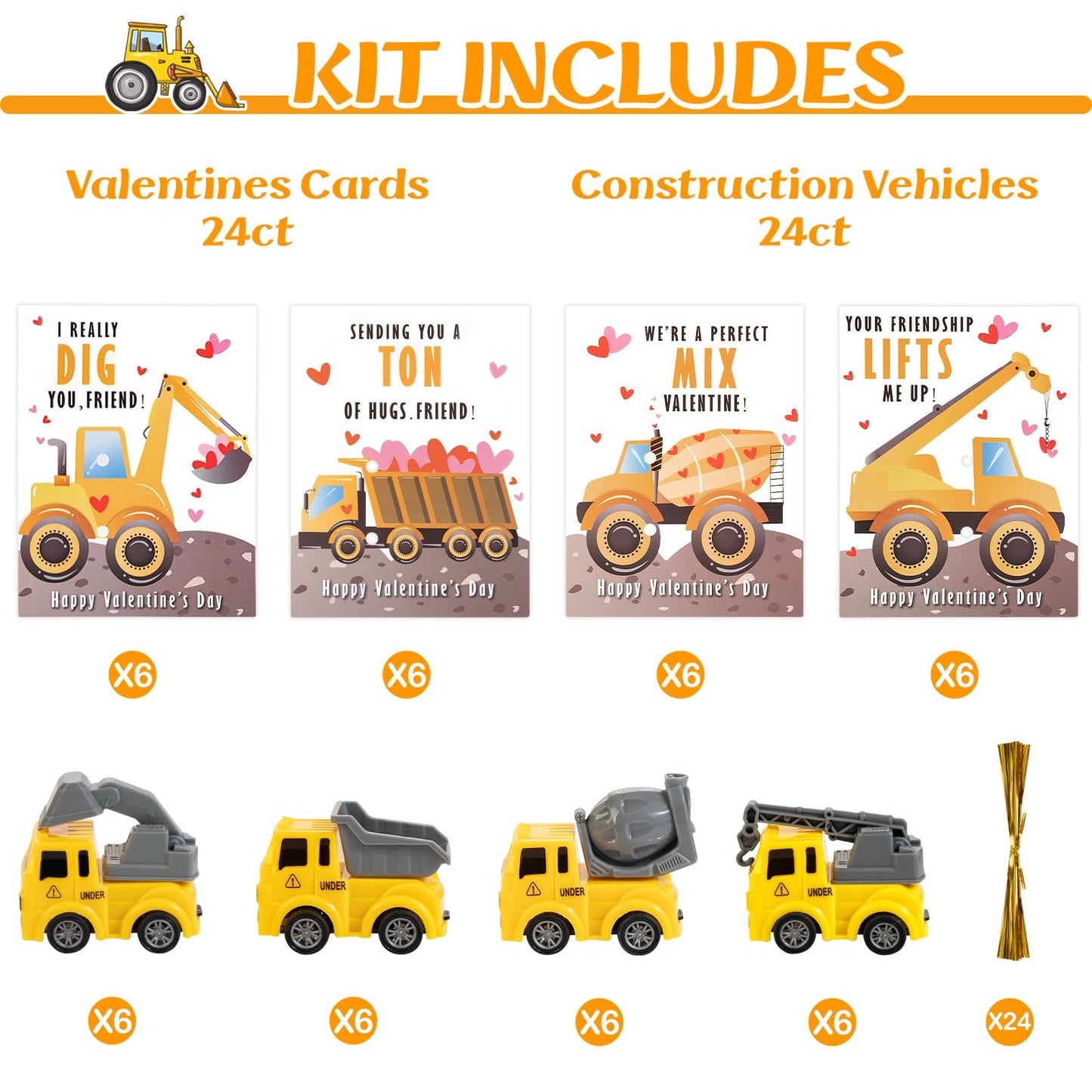Thigreact Valentines Cards for Kids Classroom - Valentines Day Gifts for Kids - 24 Construction Vehicles Toys Card Bulk - Valentine Exchange Cards for Toddlers Boys School Party Favors