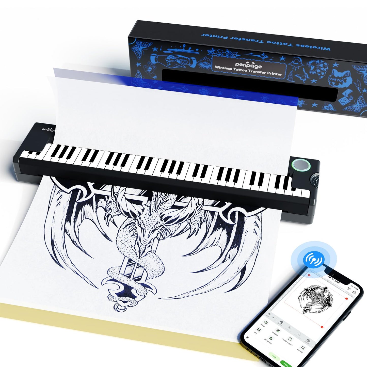 PeriPage Pino Wireless Tattoo Stencil Printer - Portable Thermal Transfer Machine for Pro & Beginner Tattooists, Compatible with Phone, Pad & PC