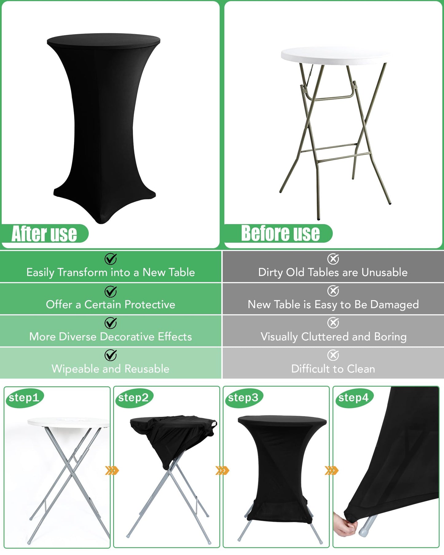 KeyWave Cocktail High Top Table Covers - 32x43 Inch Fitted Spandex Round Cocktail Tablecloth for Bar Height Standing Table Cloths Reusable, for Party Wedding Banquet Event Decorations, Black, 8 Pack