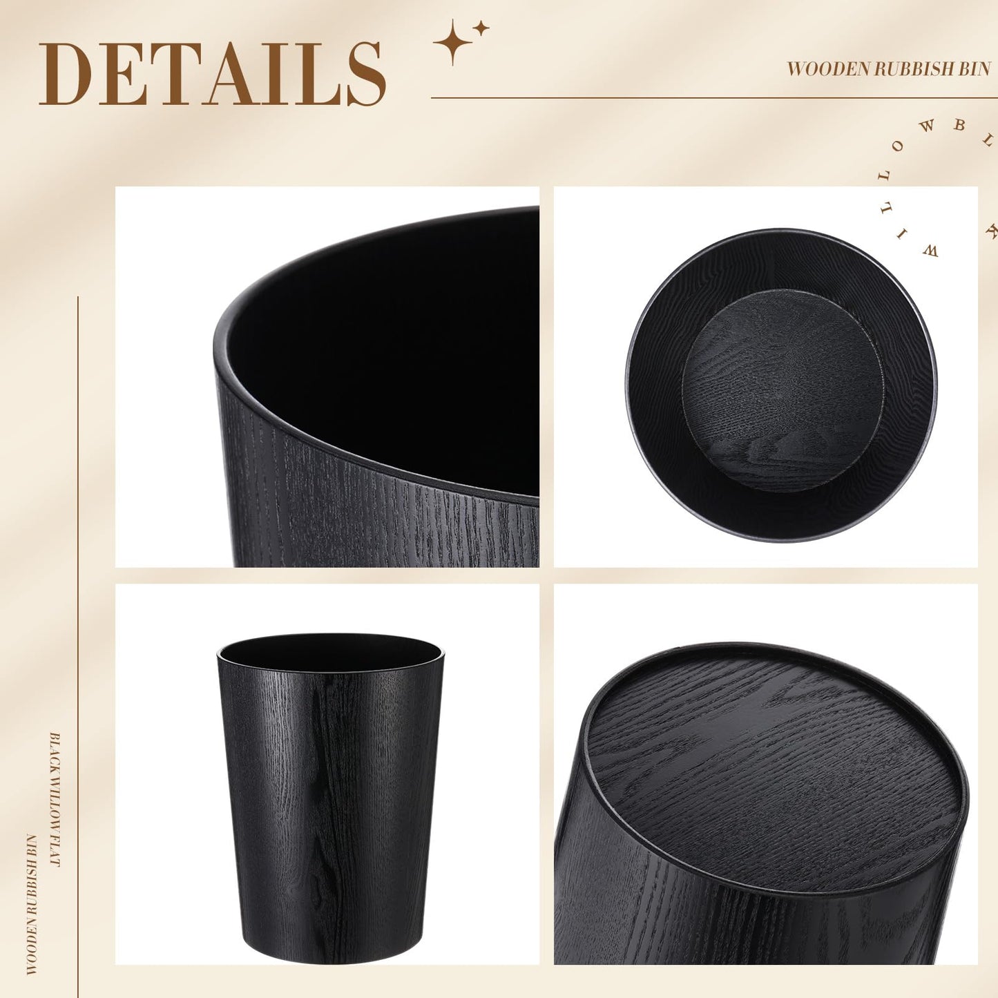 Threehoney 2 Pack 2.3 Gallons Wood Trash Can Wastebasket Natural Wood Round Wastebasket Small Trash Bin for Home, Office Under Desk, Kitchen, Bedroom, Hotel, Room(Black,Flat)