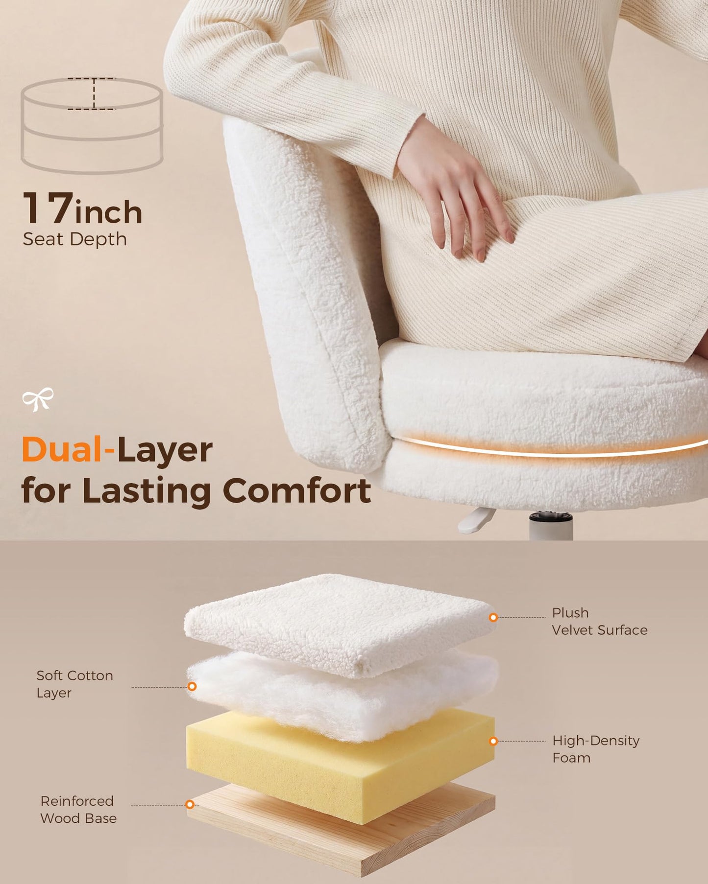 GTPLAYER Velvet Tall Office Chair with Wheels Vanity Chairs with Back, Versatile Height Use: Office to Bar Stools Small Ergonomic Comfy Armlees Computer Desk Chair with Bow Lumbar Pillow for Gift