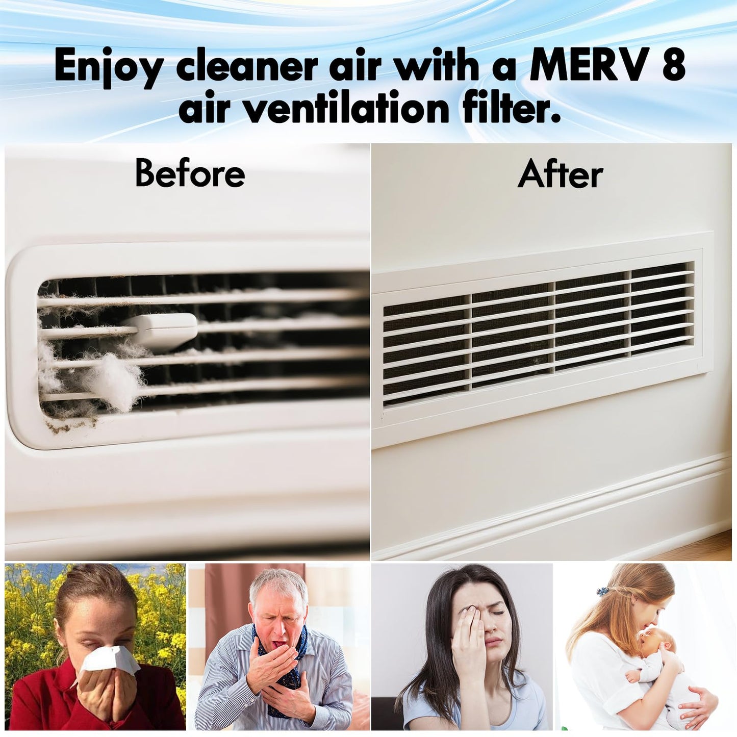 Air Vent Filters, 20" x 140" Cut to Fit Filter Material (80+ Filter), MERV 8 HVAC Furnace Vent Filters for Home, Floor, Ceiling, Grilles - Includes 48PCS Adhesive Hook Tape