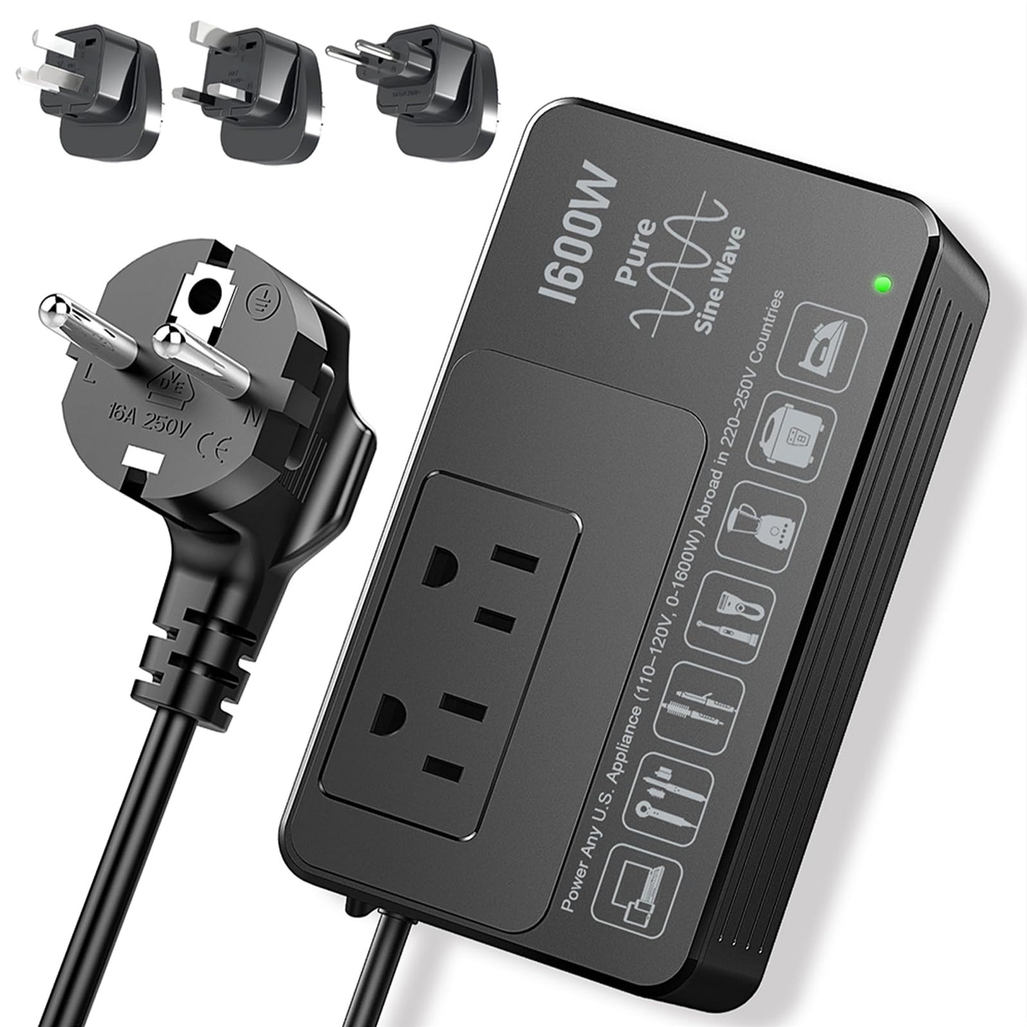 HYTED 1600W Voltage Converter 220V to 110V - Power American Appliances Overseas, Pure Sine Wave, Plug & Play, No Limitations, Surge Protection - High Power Step Down Transformer US to EU/UK/AU/Asia