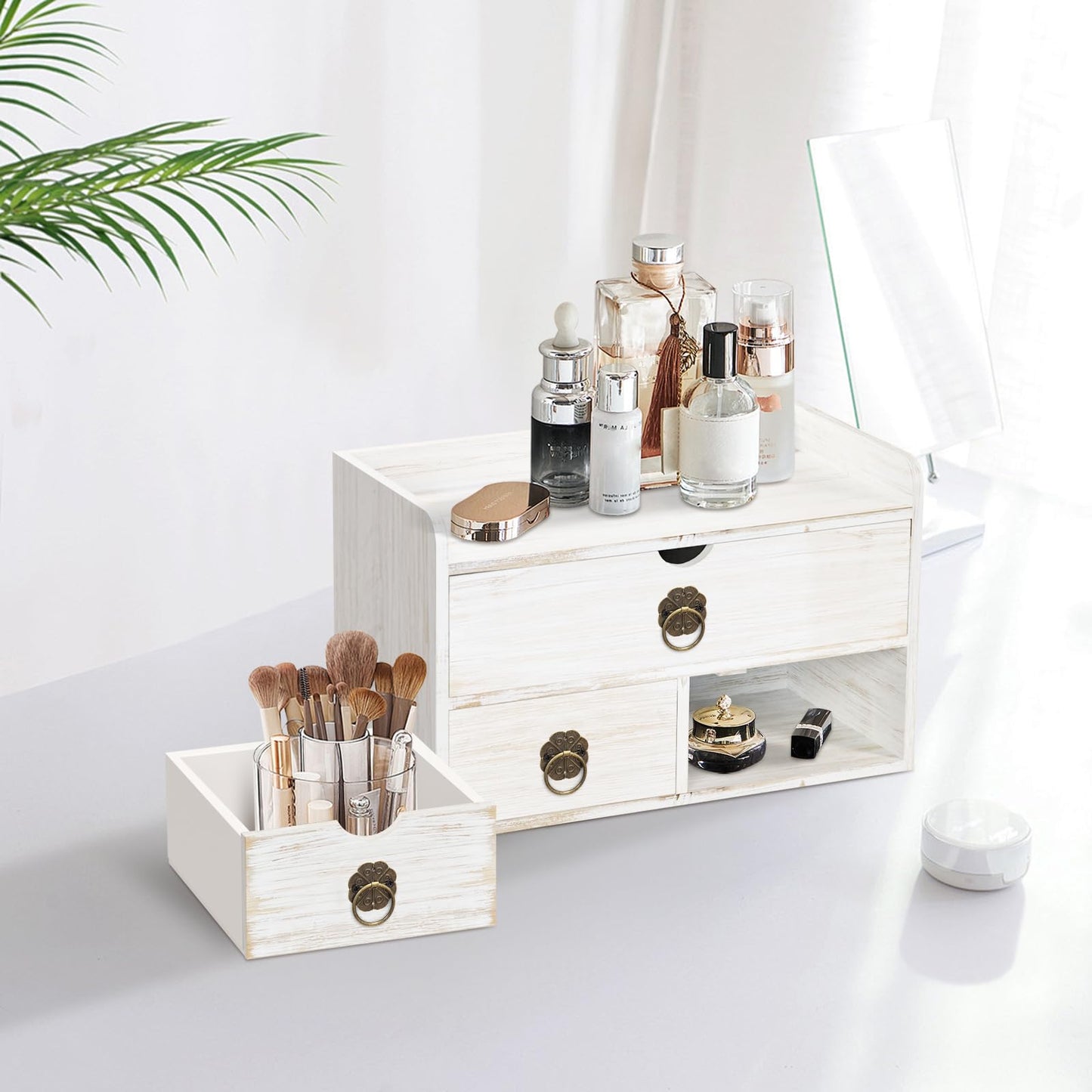 SeekElegant Wood Desk Organizer with Drawer, White Wooden Desktop Organizer, Tabletop Storage Organization Box for Countertop, Home Office Supplies, 13.5x6.6x8.2 Inch(3 Drawer and Shelf)