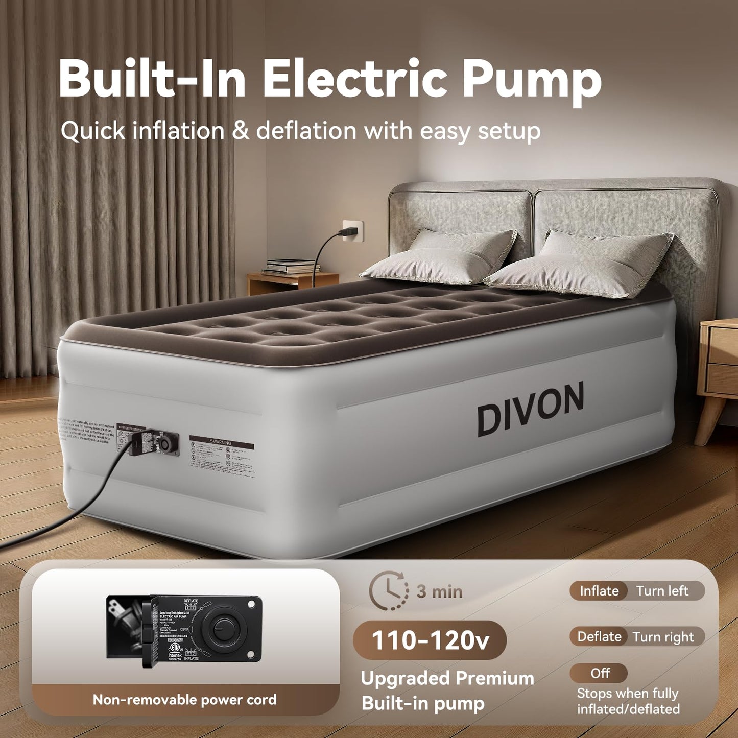 DIVON Twin Air Mattress with Built in Pump Raised, 2 Min Self Inflatable Mattress, 18’’ Blow up Mattress for Adults, 330 LBS Portable Air Bed for Guest, Camping, Travel & Floor, Brown