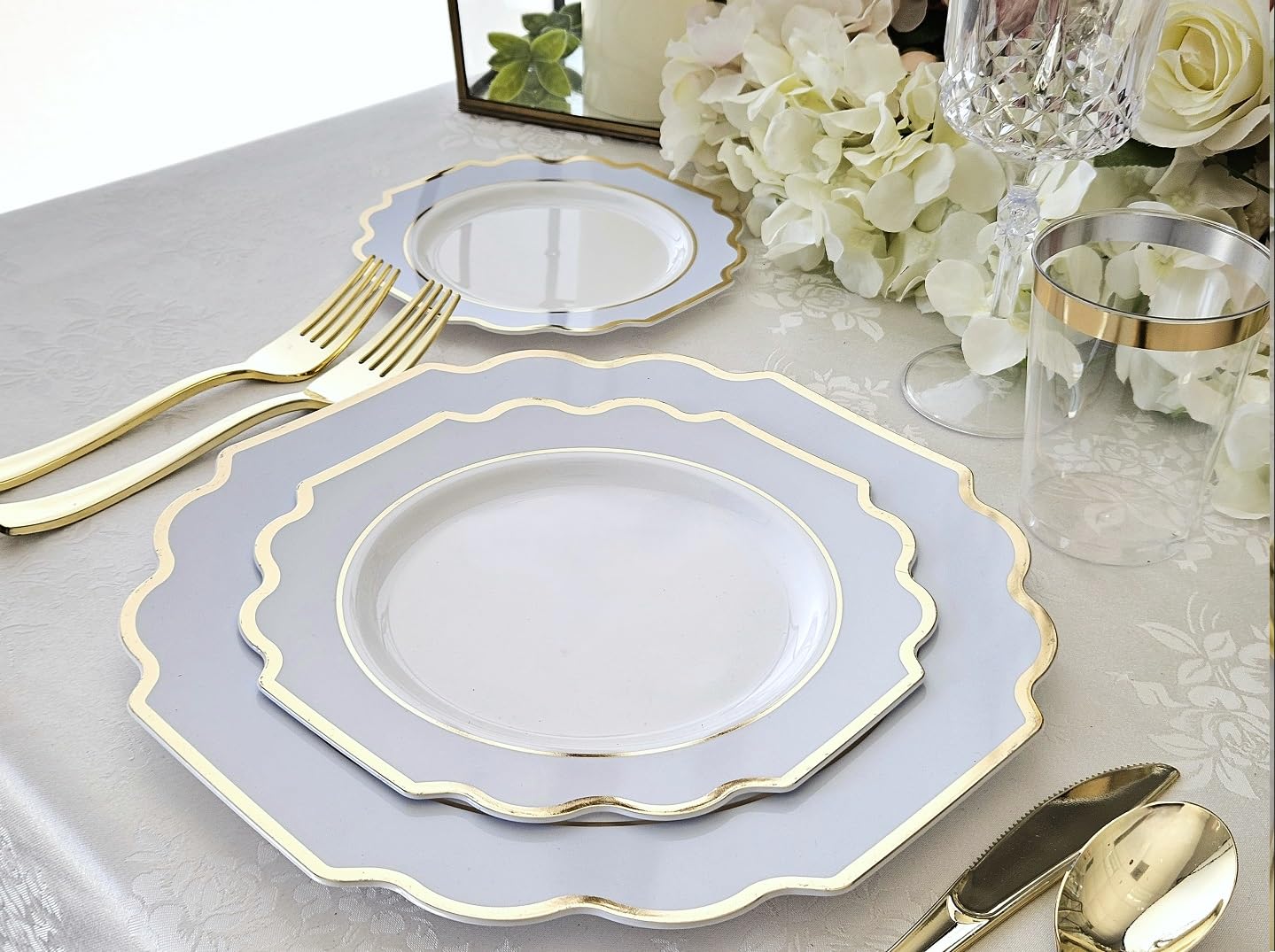 " OCCASIONS " 80 Plates Pack,(40 Guests) Heavyweight Wedding Party Disposable Plastic Plates Set -40 x 10.5'' Dinner + 40 x 8'' Salad/Dessert Plate (Imperial in White/Blue & Gold)