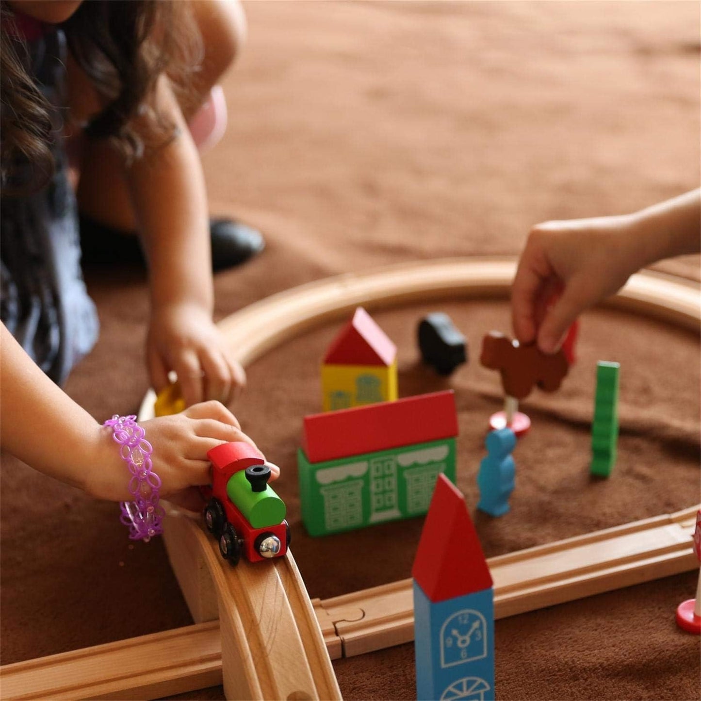 SainSmart Jr. Wooden Train Set for Toddler with Double-Side Train Tracks Fits Brio, Thomas, Melissa and Doug, Kids Wood Toy Train for 3,4,5 Year Old Boys and Girls (Small Town with Container)