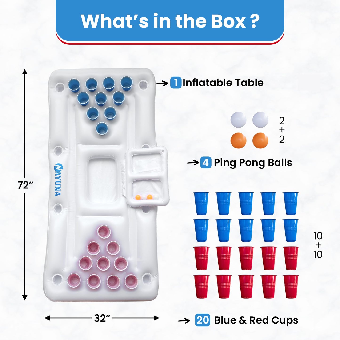 NAYUNA Floaty with Cooler & 20 Party Cups - Inflatable Pool Table Summer Party Pool Games Accessories for Adults 6 Feet Inflatable Pool Lounge Float, 4 Ping Pong Balls, 20 Cups