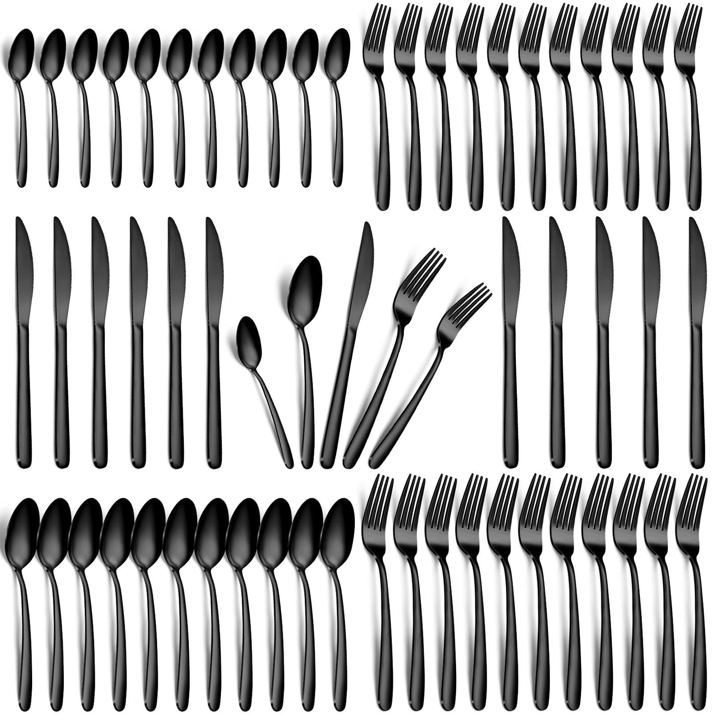 Hunnycook 60-Piece Black Silverware Set - Service for 12, Includes Forks Spoons and Knives, Utensil Sets for Home Kitchen Restaurant, Dishwasher Safe