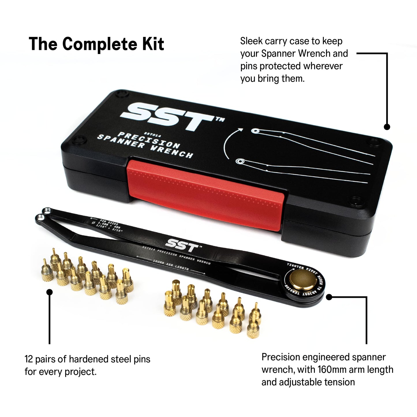 SST® - Precision Spanner Wrench – For Obscure Hardware & Fasteners – Includes 12 Metric & Imperial Steel Pin Sizes – Adjustable Tension – 160mm Arm – 180° Movement – With Storage Case