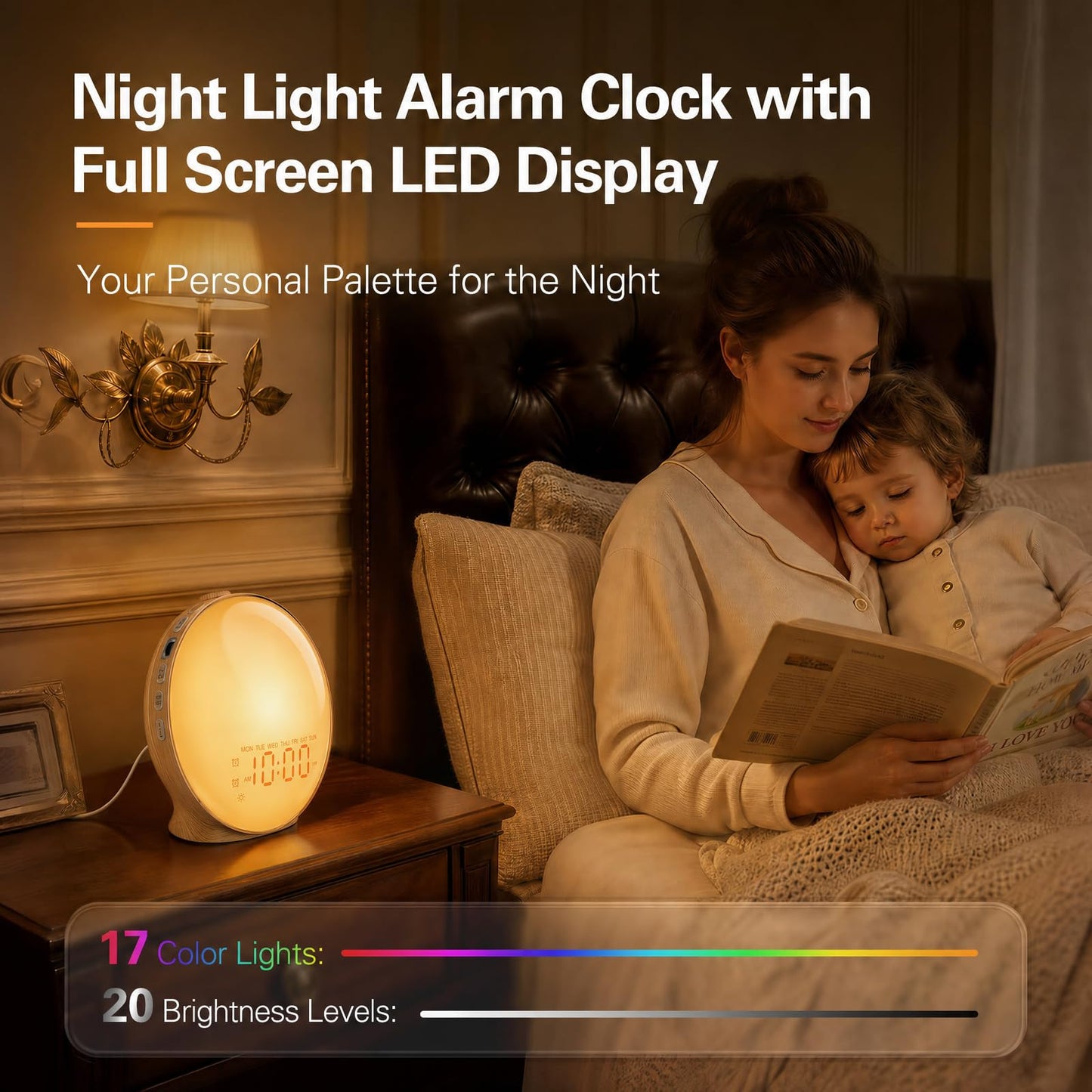 JALL Full-Screen Wake Up Light Sunrise Alarm Clocks for Bedrooms, White Noise Machine for Heavy Sleepers & Kids, 25 Natural Sounds, Dual Alarms, FM Radio, 17 Dimmable Colors, Bluetooth Speaker