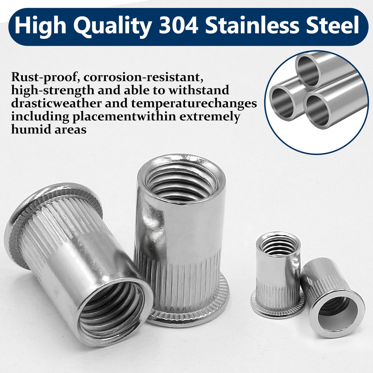 Vifmy Metric & SAE Rivet Nut Assortment Kit(300 Pcs), M3 M4 M5 M6 M8 M10 M12#8-32#10-24 1/4"-20 5/16"-18 3/8"-16 304 Stainless Steel Rivnut Set UNC Flat Head Nutsert